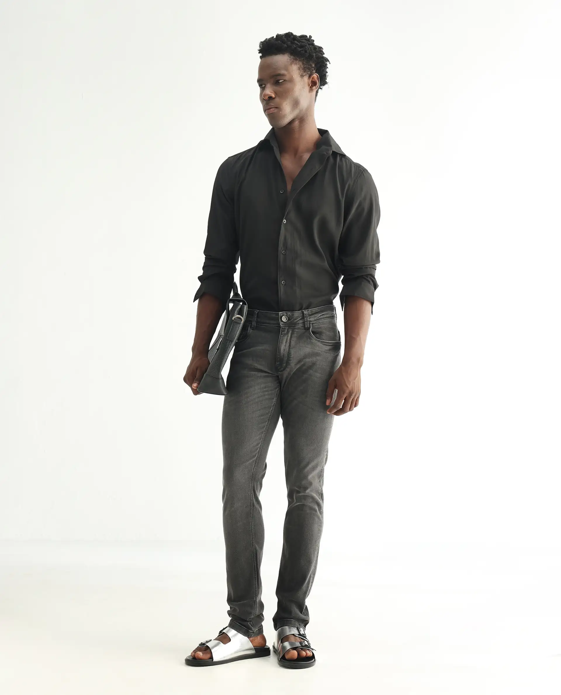 Rare Rabbit Men's Veu Grey Cotton Plain Hawk Slim Fit Jeans