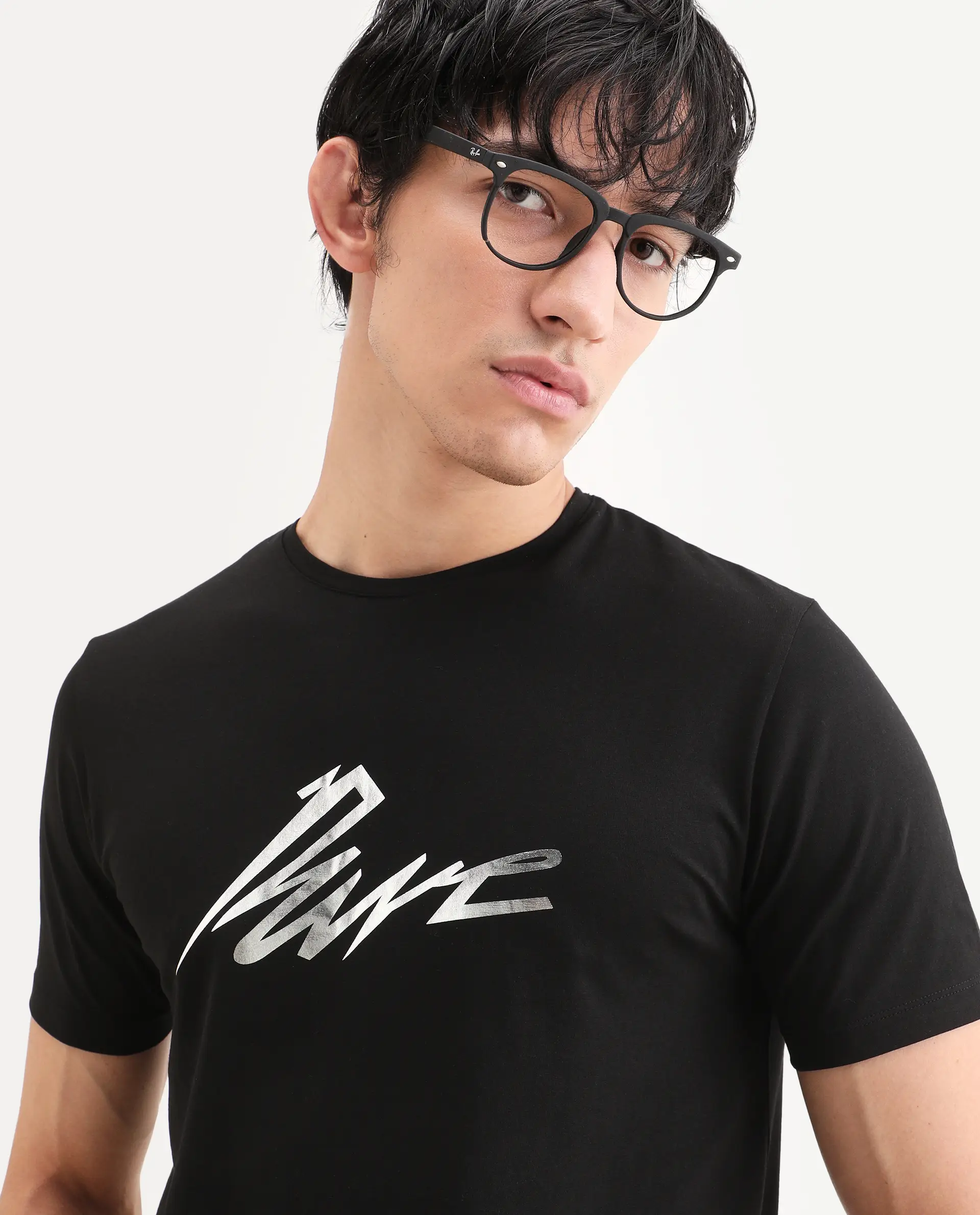 Rare Rabbit Men's Via Black Cotton Blend Fabric Half Sleeve Crew Neck Regular Fit Graphic Print T-Shirt