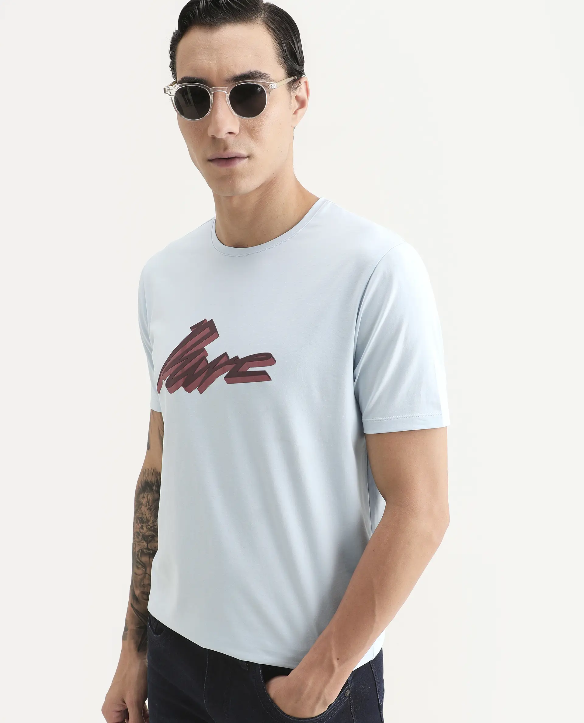 Rare Rabbit Men's Via Light Blue Cotton Blend Fabric Half Sleeve Crew Neck Regular Fit Graphic Print T-Shirt
