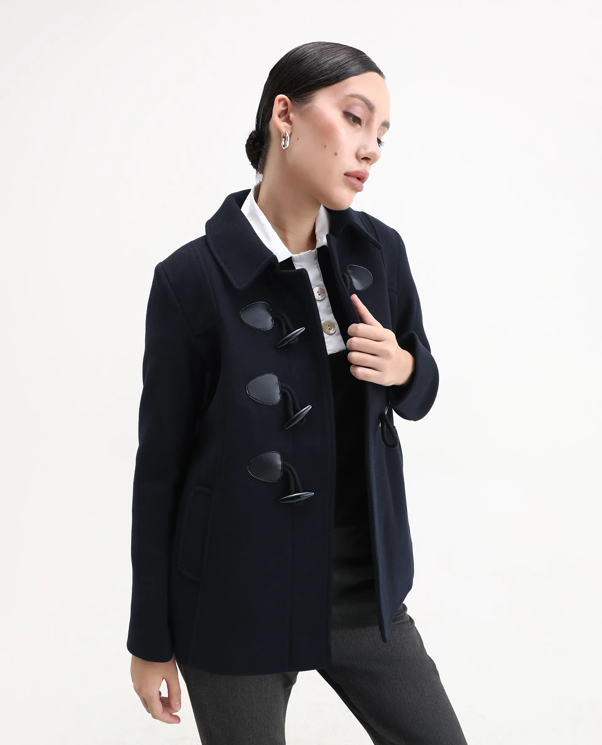 Rareism Women's Viaro Navy Polyester Collared Neck Regular Fit Plain Jacket