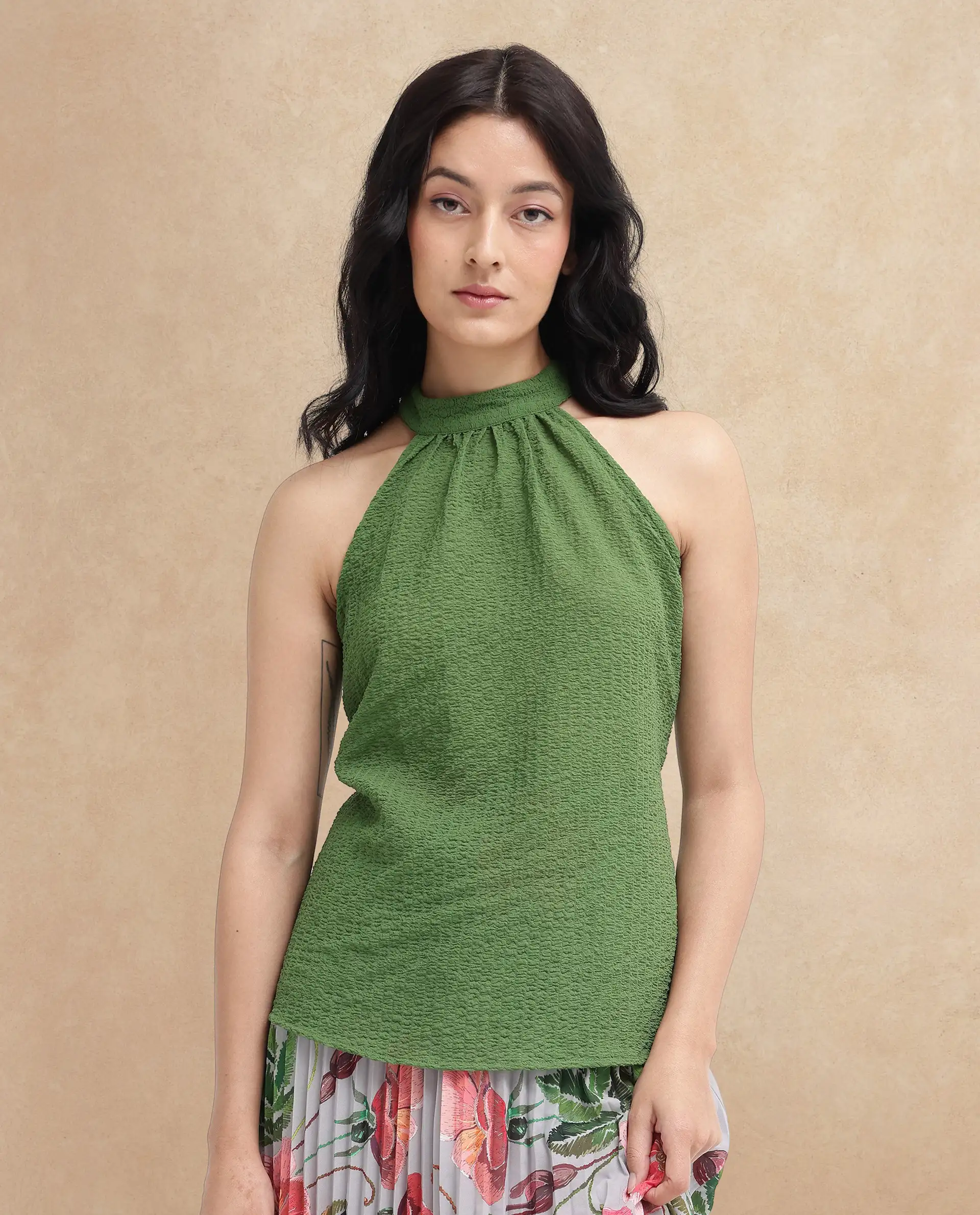 Rareism Women's Vicenza Dark Green Polyester Halter Neck Plain Sleeveless Regular Fit Top