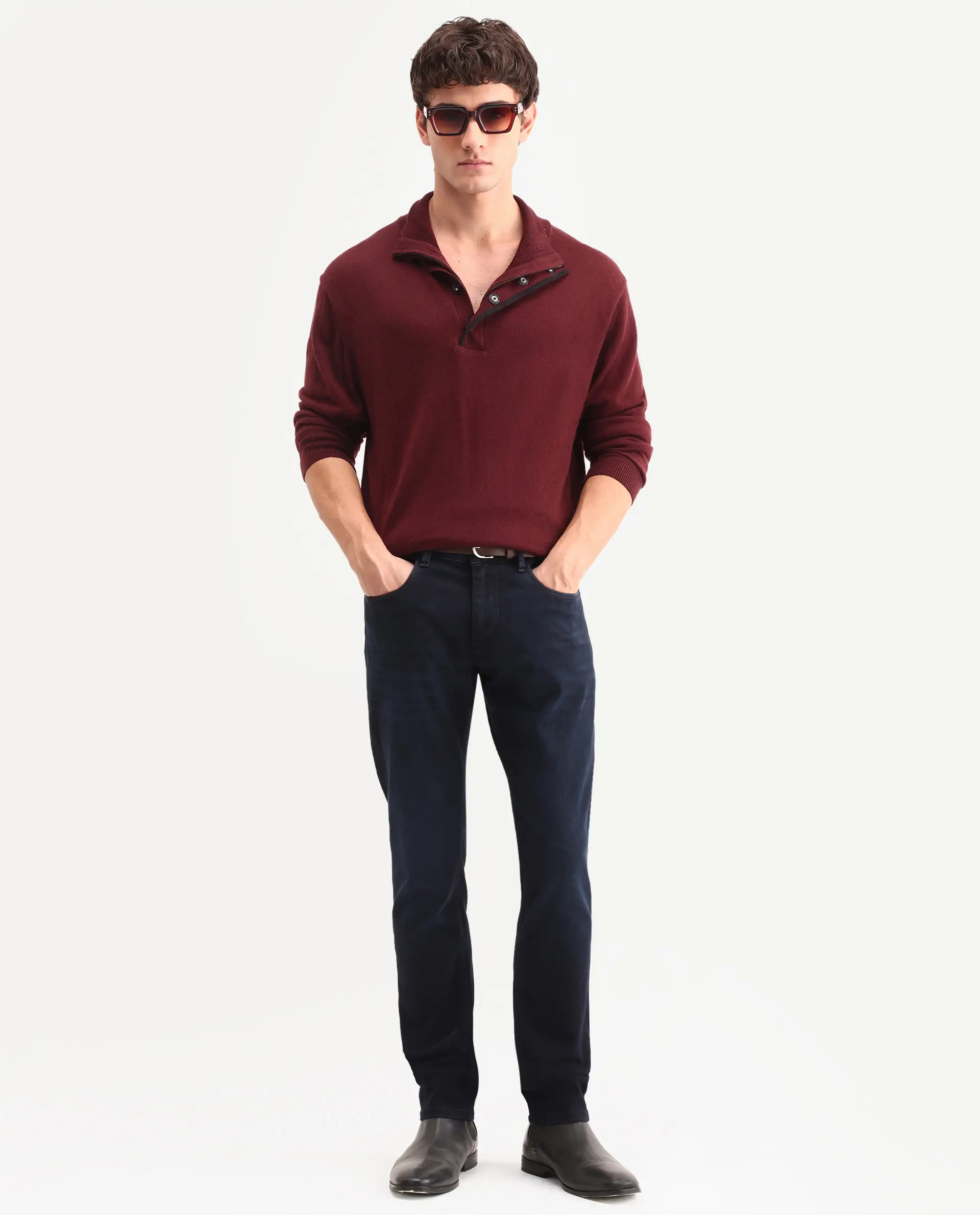 Rare Rabbit Men's Victo 26 Dark Blue Cotton Blend Fabric Shank And Zipper Hawk Slim Plain Jeans