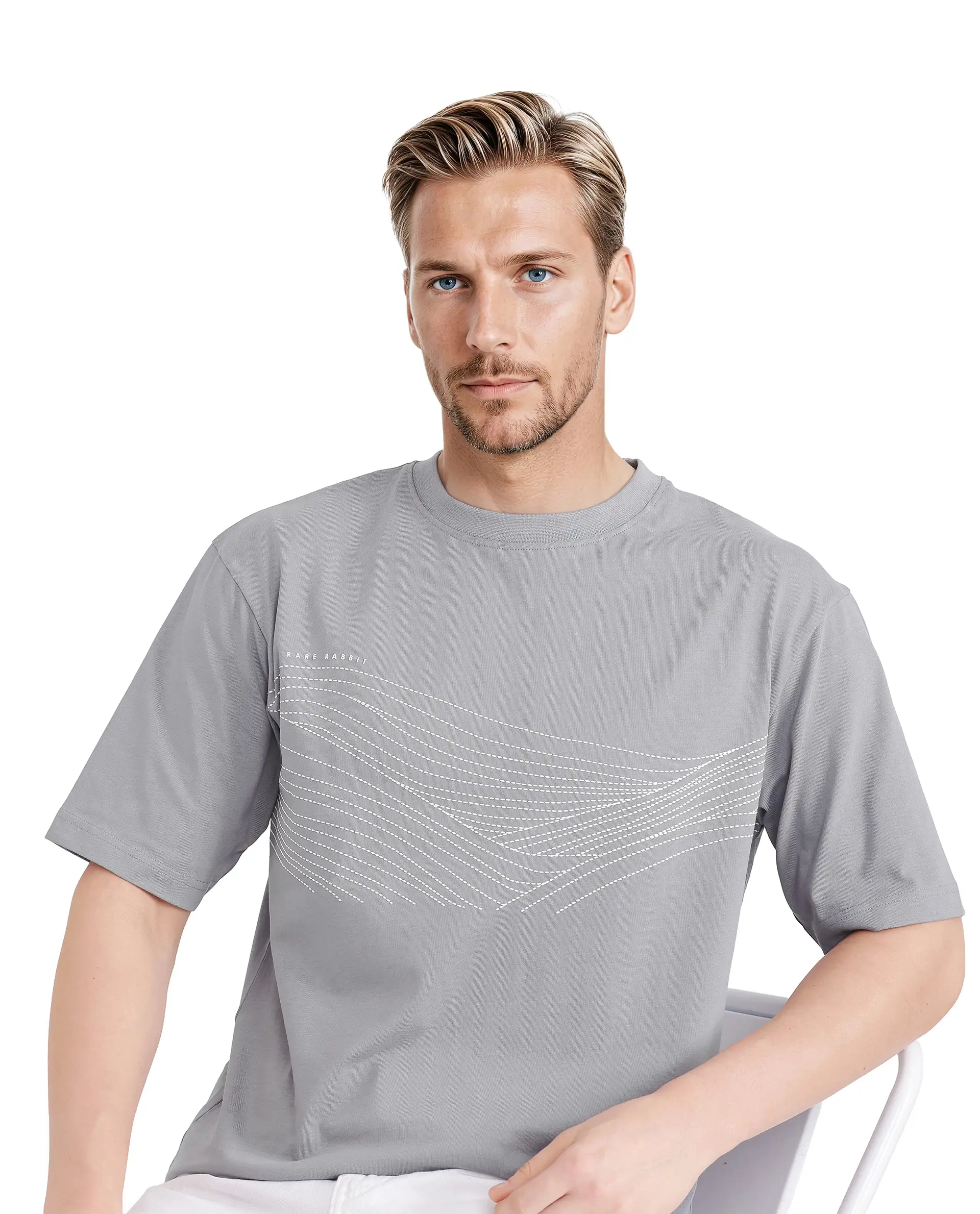 Rare Rabbit Men's Vint Light Grey Cotton Graphic Print Qlo Fit Half Sleeve Crew Neck T-Shirt