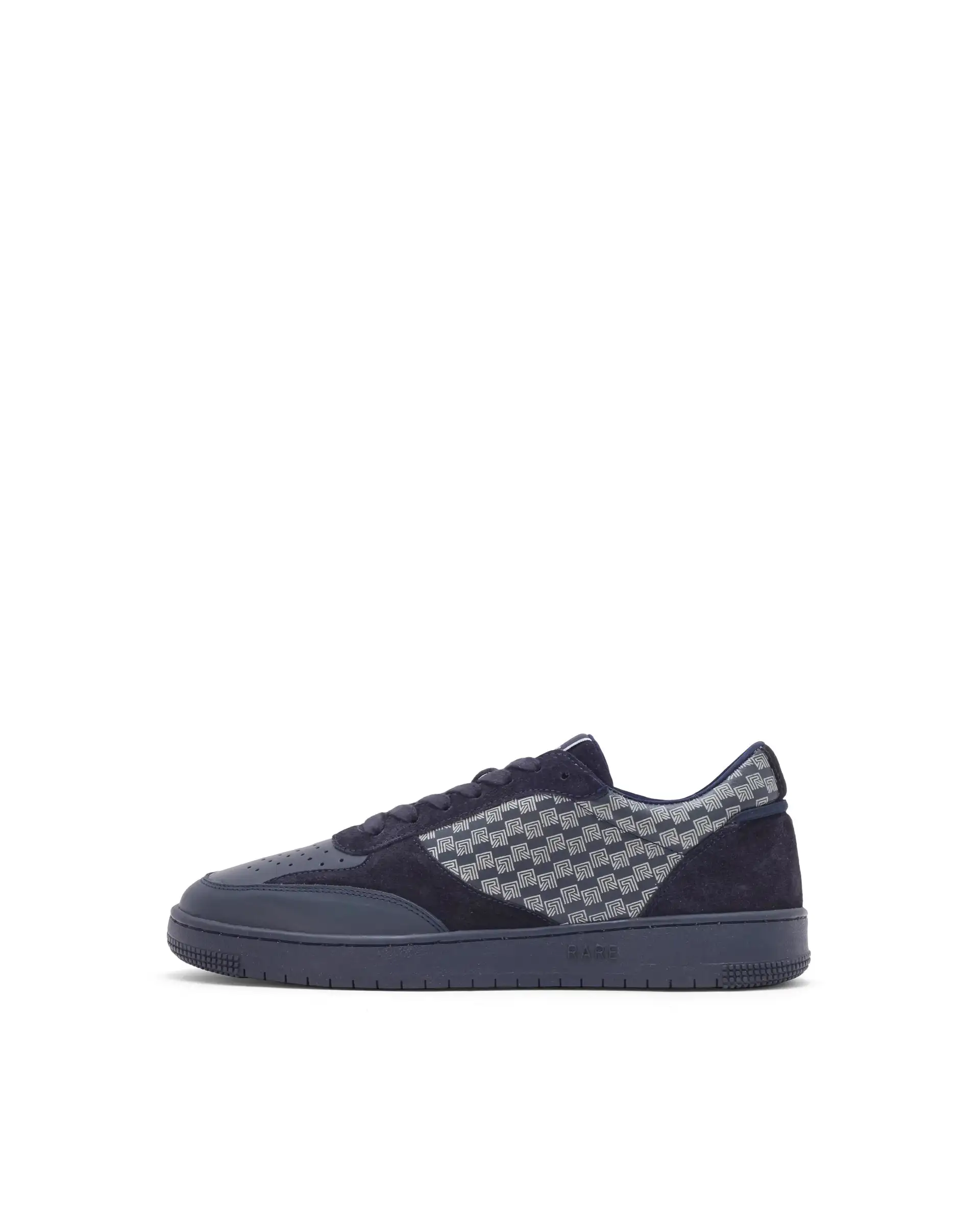Rare Rabbir Men's Voltro Navy Genuine Leather And Suede Faros "R" Monogram Low-Top Lace-Up Sneaker Shoes