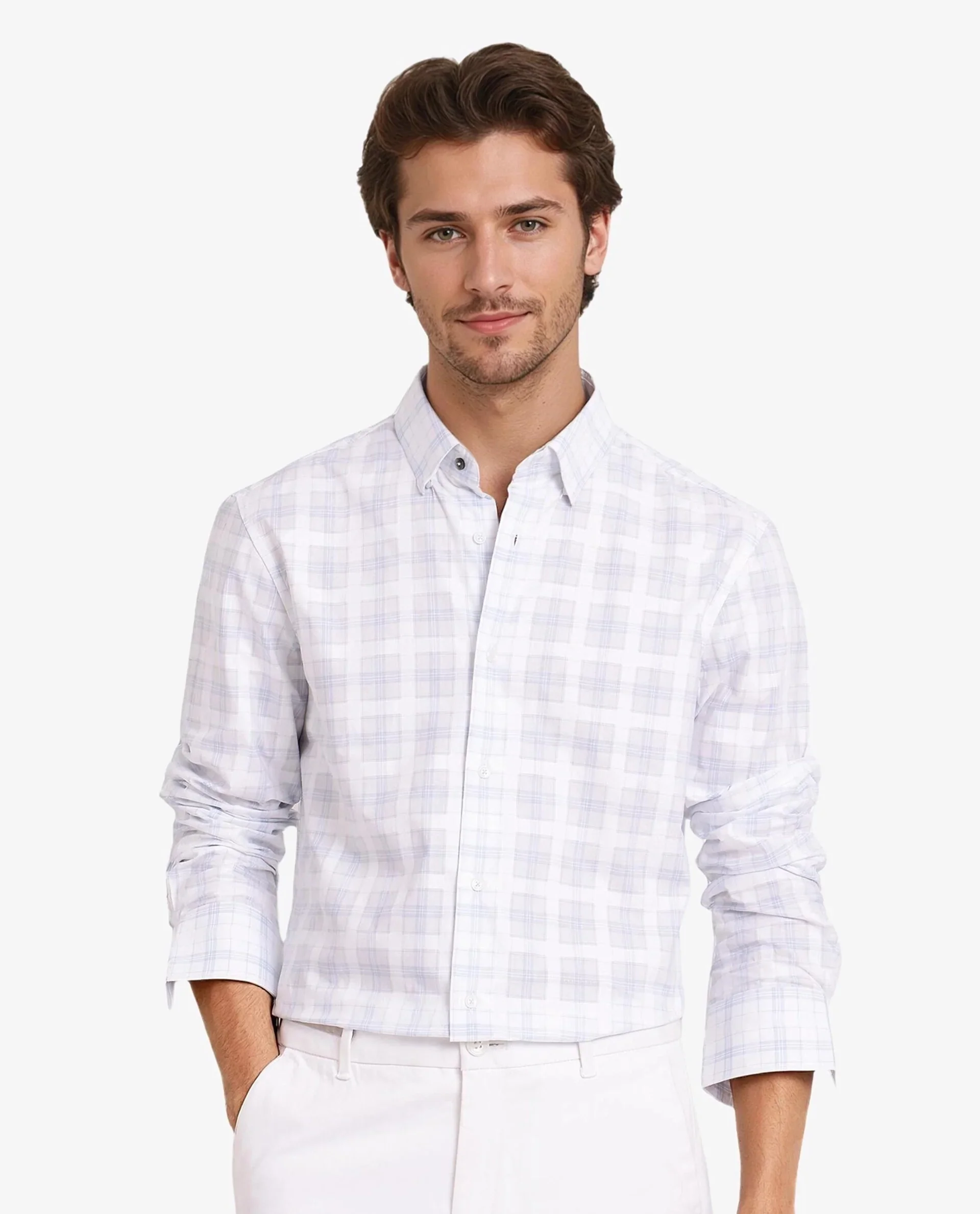 Rare Rabbit Men's Vory White Cotton Checked Print Regular Fit Full Sleeve Collared Shirt