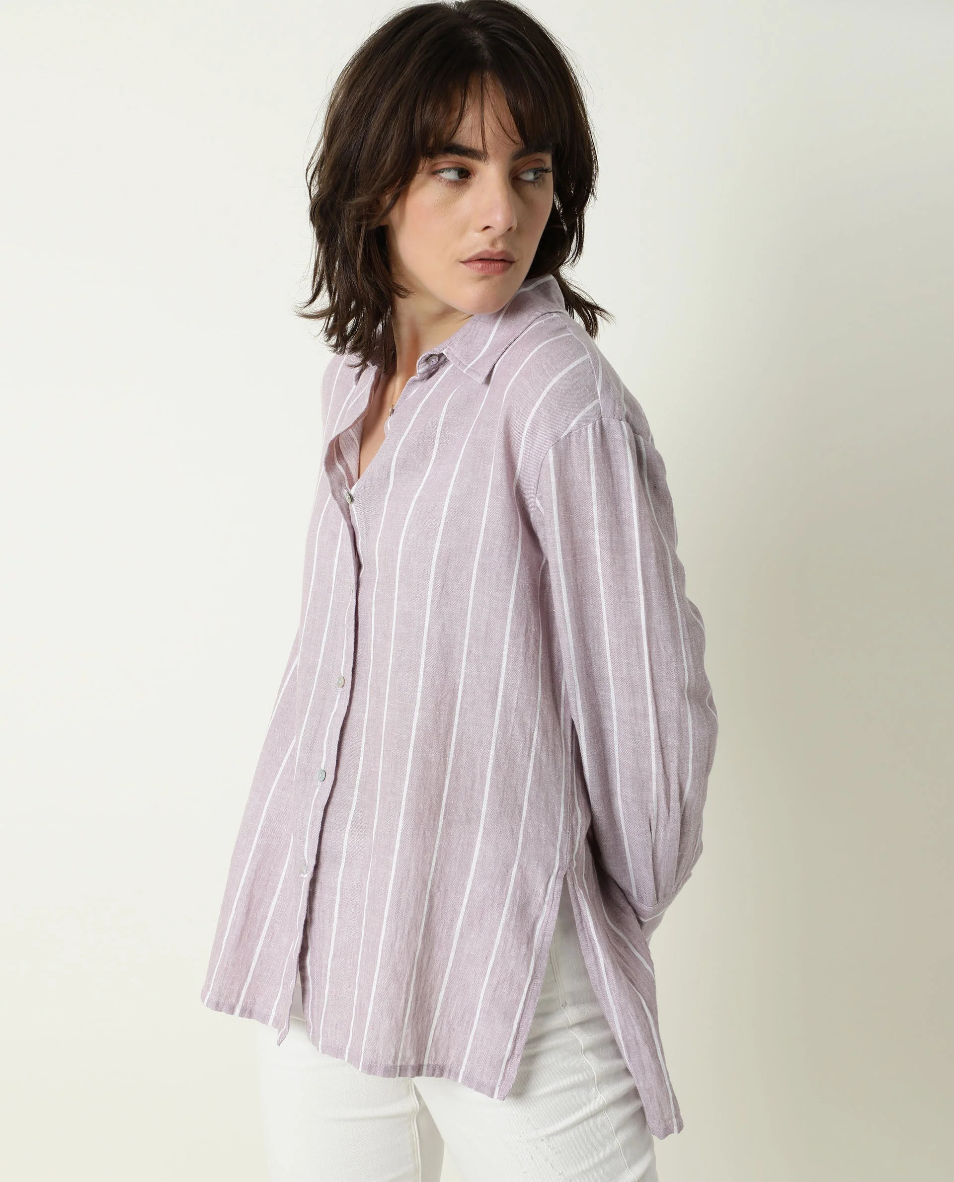 Rareism Women's Vrish Purple Linen Spread Collar Striped Cuffed Sleeve Relaxed Fit Top