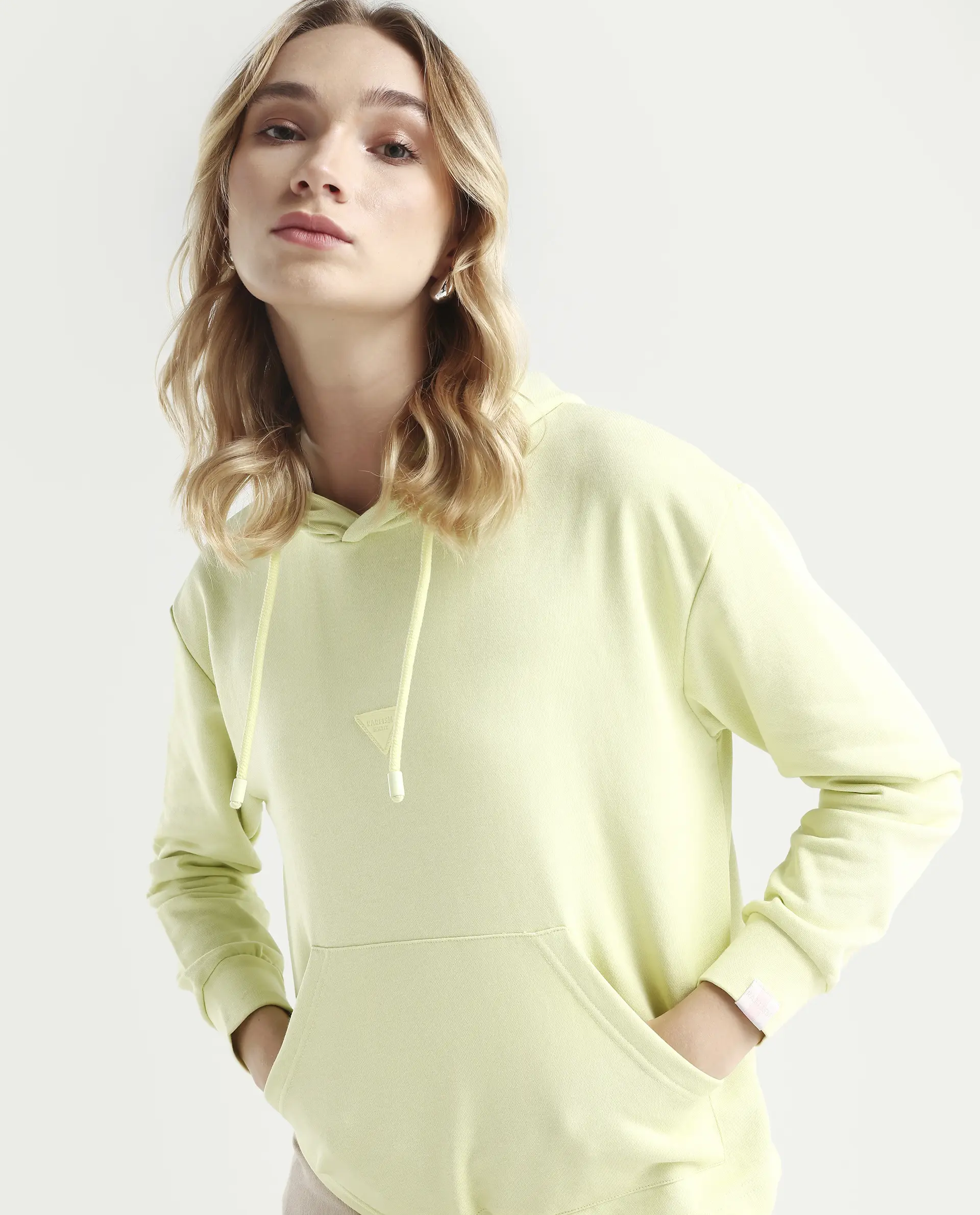 Rareism Women's Wally-1 Green Cotton Blend Hooded Plain Relaxed Fit Sweatshirt