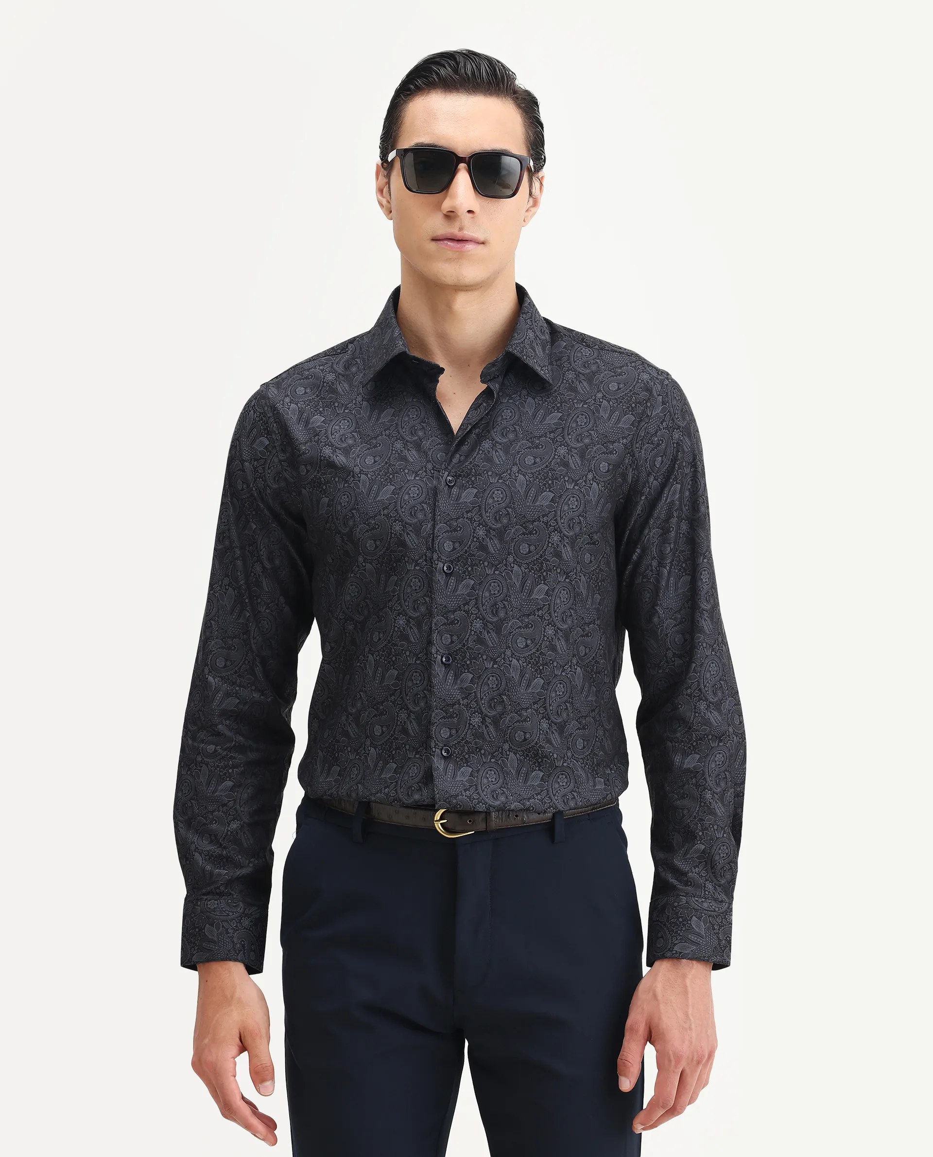 Rare Rabbit Men's Wapi Blue Cotton Blend Fabric Collared Neck Regular Fit Paisley Print Shirt