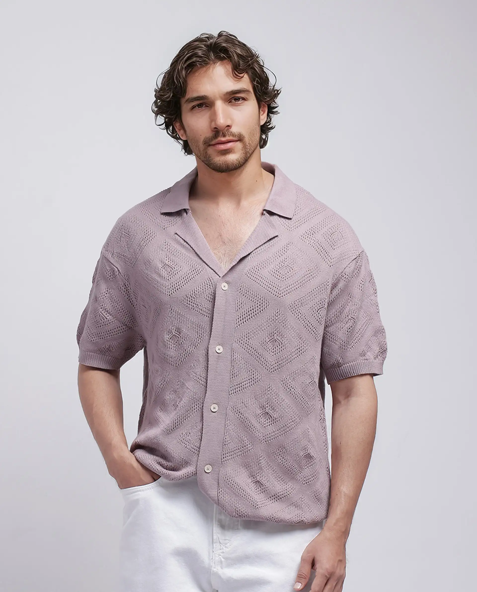 Rare Rabbit Men's Wats Dusky Pink Cotton Knitted Boxy Fit Half Sleeve Cuban Collar Shirt