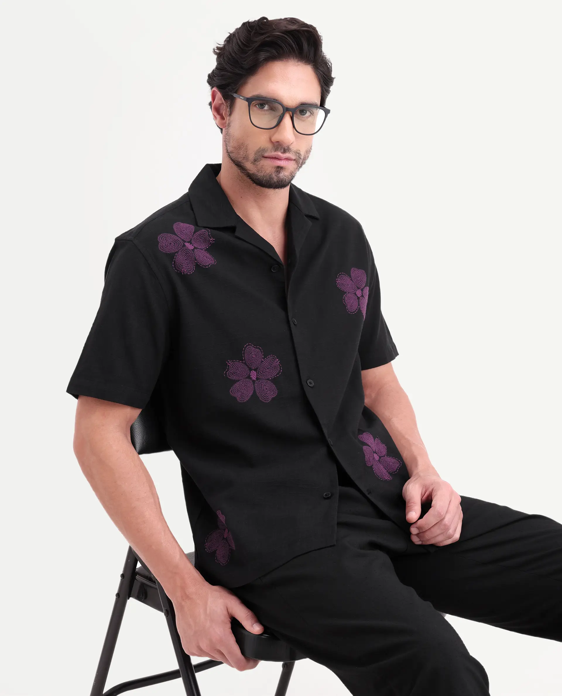 Rare Rabbit Men's Waxi Black Cotton Blend Fabric Half Sleeve Cuban Collar Relaxed Fit Embroidered Shirt