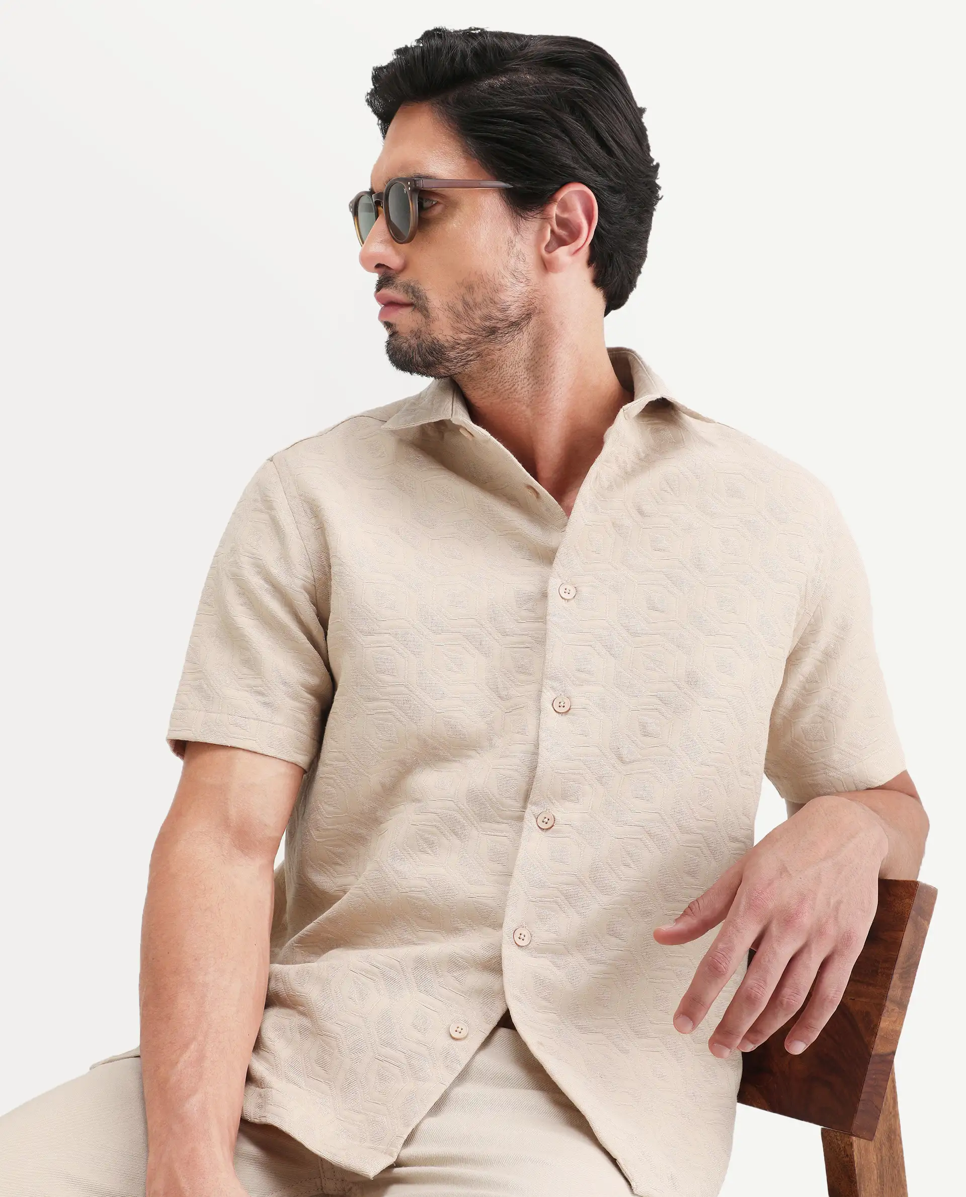 Rare Rabbit Men's Wedel Beige Cotton Fabric Half Sleeve Spread Collar Regular Fit Jacquard Shirt