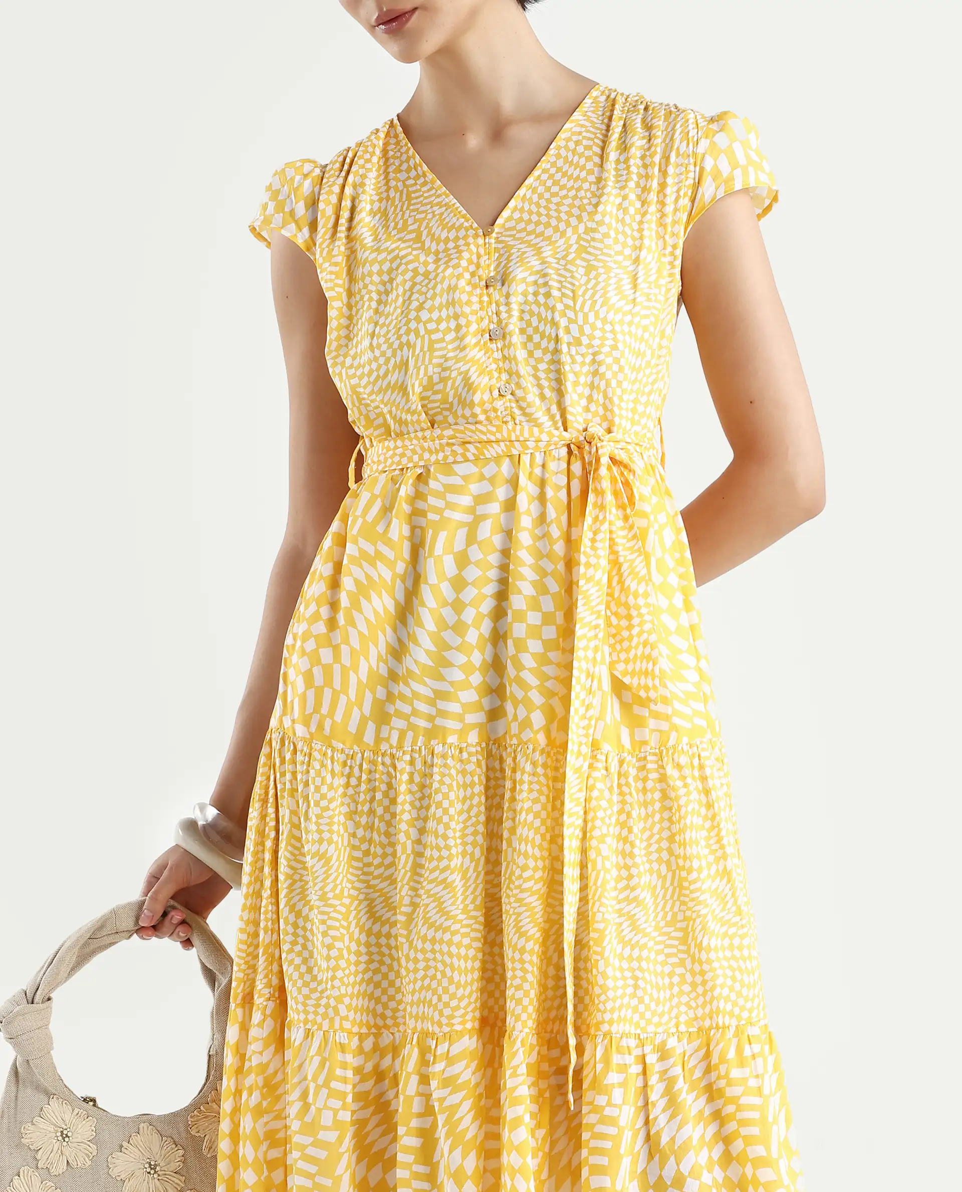 Rareism Women's Whitney Yellow Cotton V-Neck Geometric Print Cape Sleeve Knee Length Regular Fit Dress