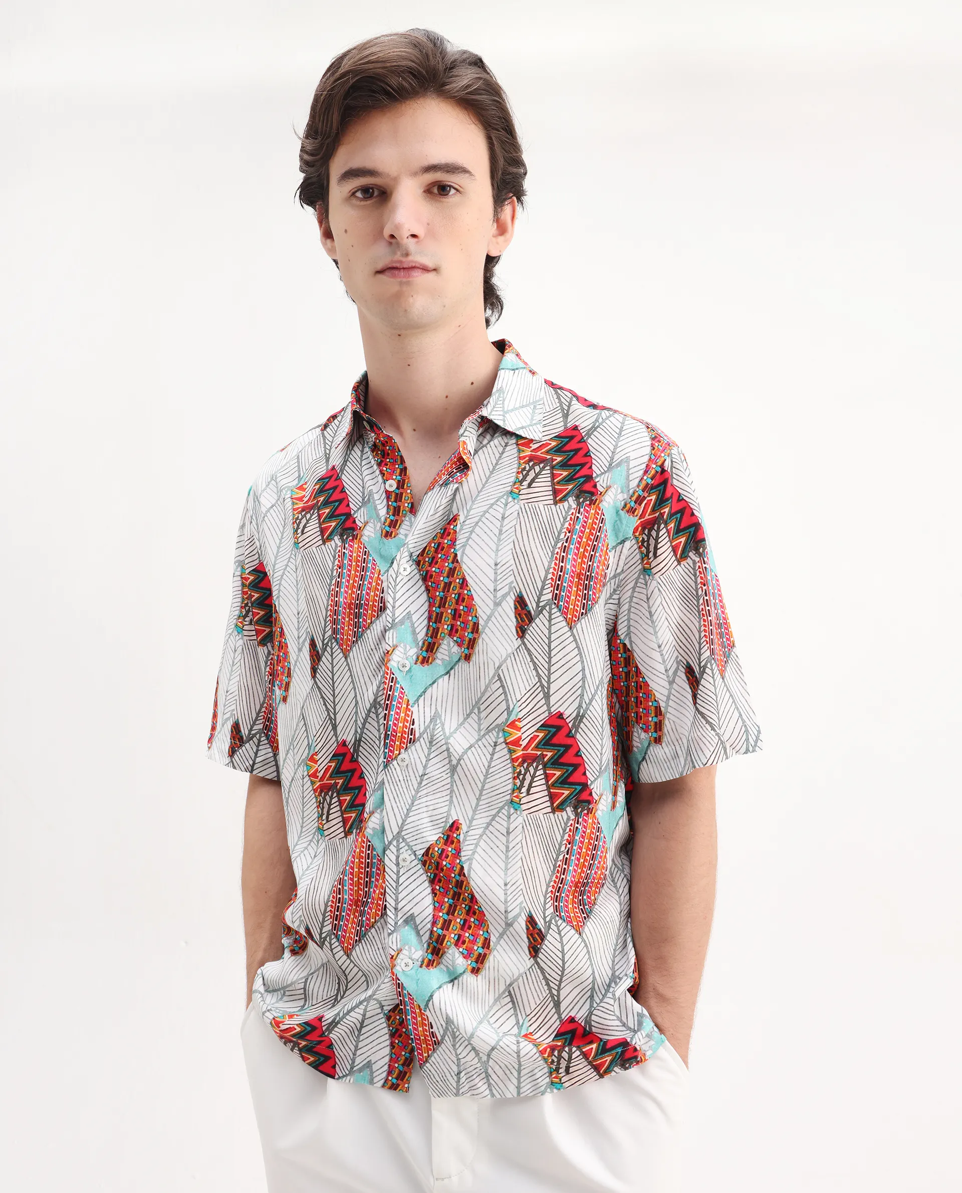 Rare Rabbit Men's Winona White Cotton Floral Print Boxy Fit Half Sleeve Collared Shirt