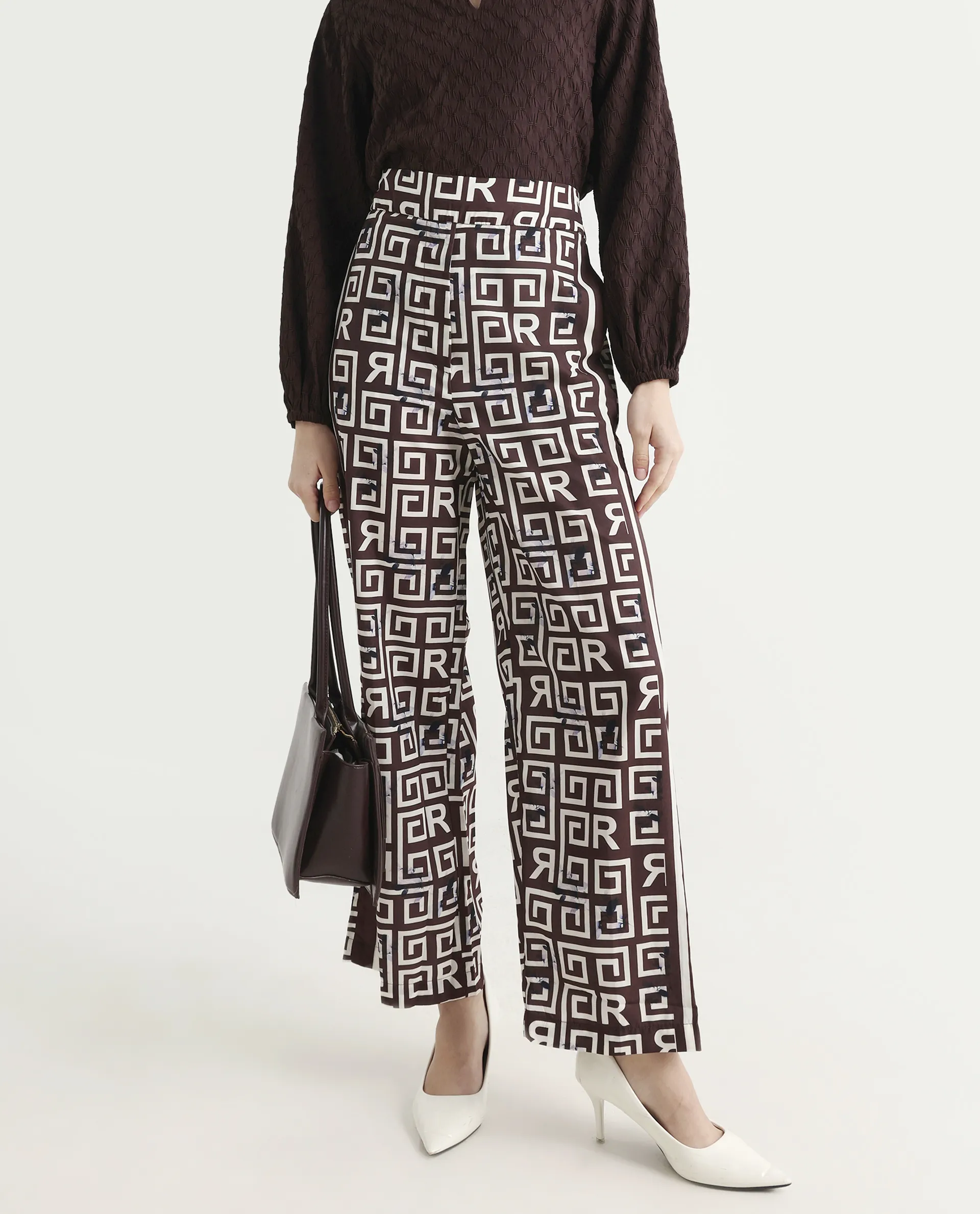Rareism Women's Wood Brown Polyester Geometric Print Ankle Length Regular Fit Trouser