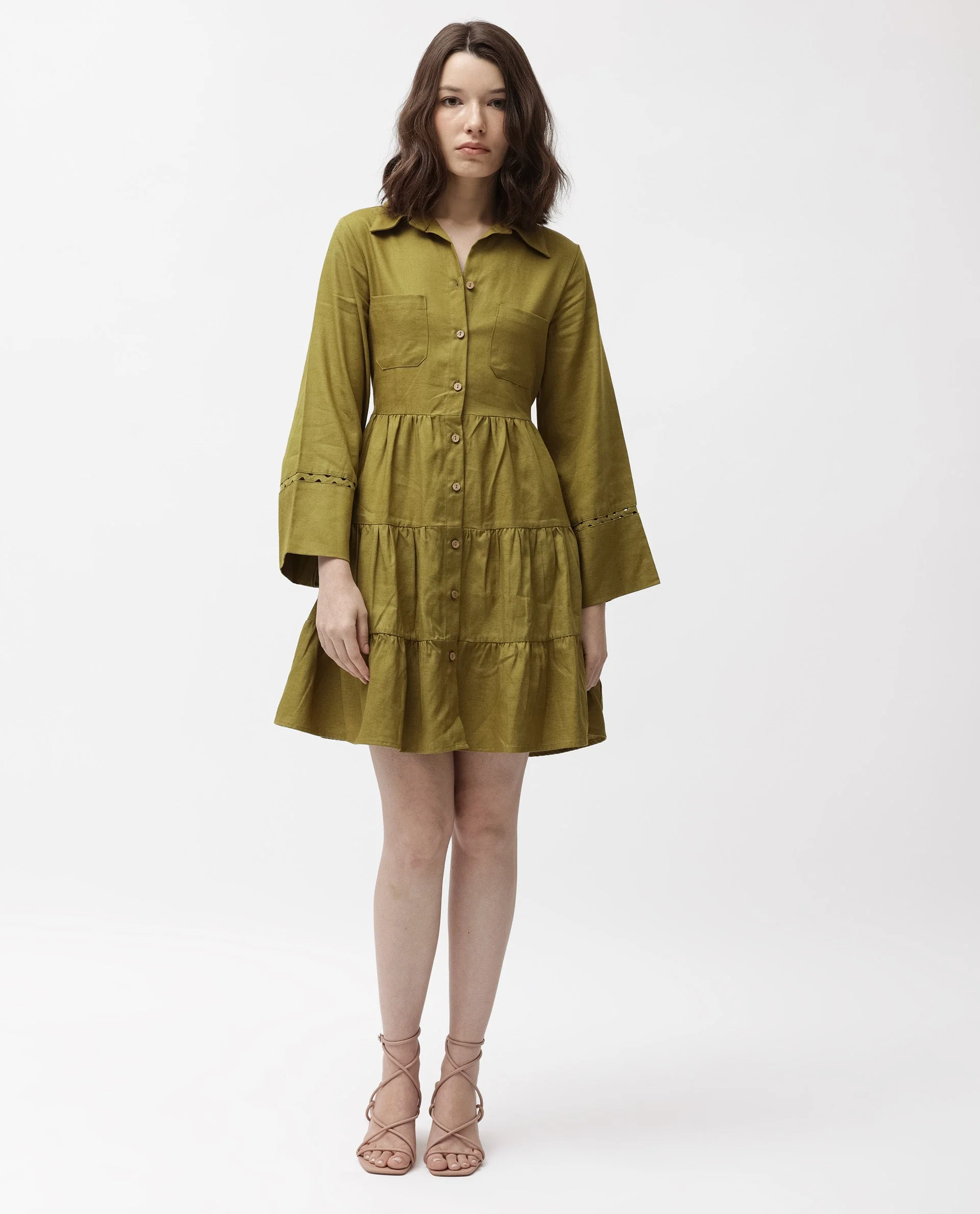 Rareism Women's Wyatt Green Cotton Blend Spread Collar Plain Bell Sleeve Mini Regular Fit Dress