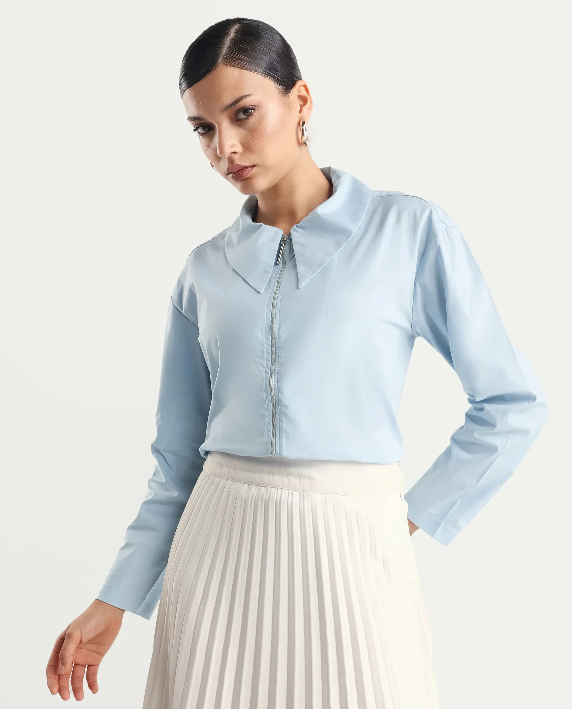 Rareism Women's Xan Light Blue Cotton Spread Collar Plain Regular Fit Top