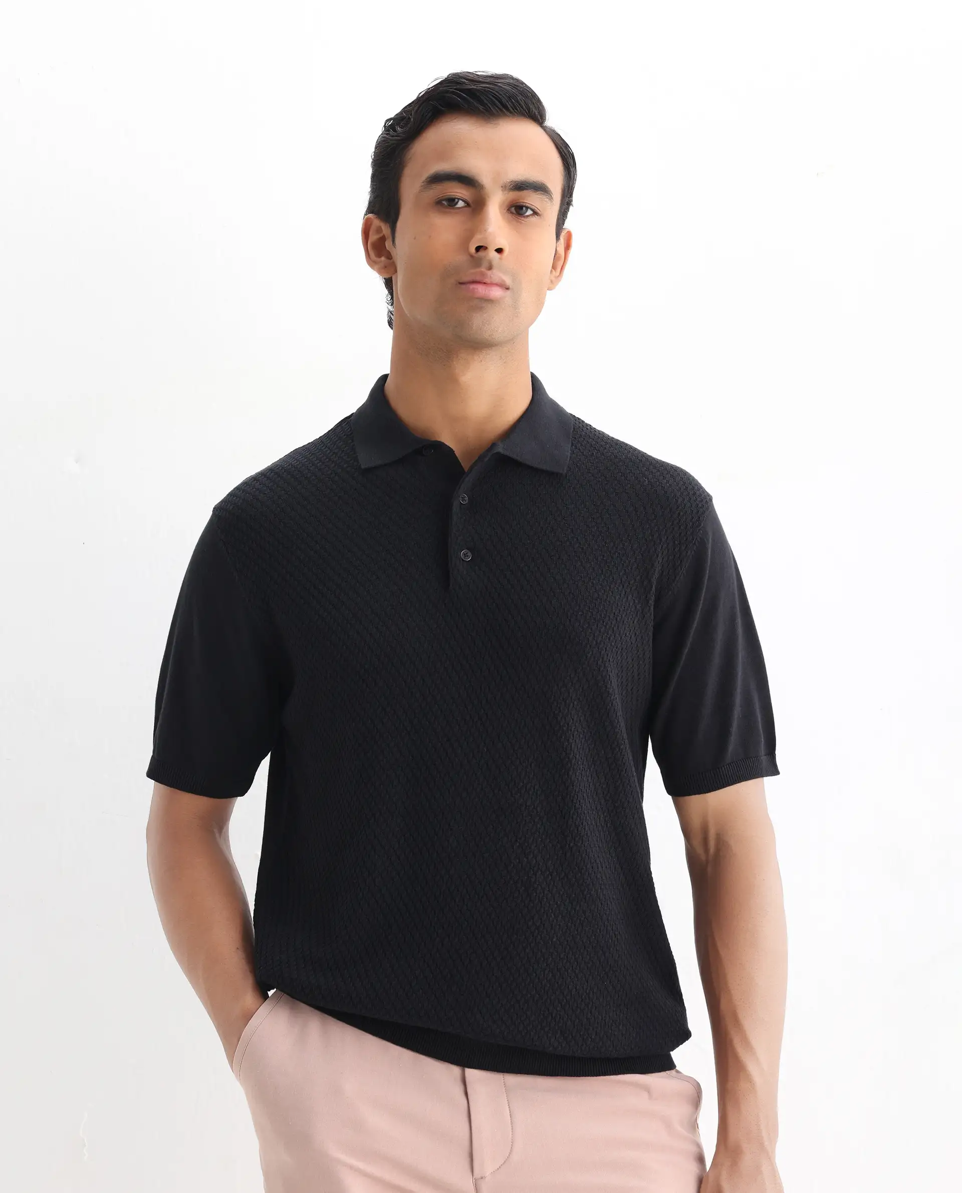Rare Rabbit Men's Xas Black Cotton Textured Regular Fit Half Sleeve Polo - Image 4