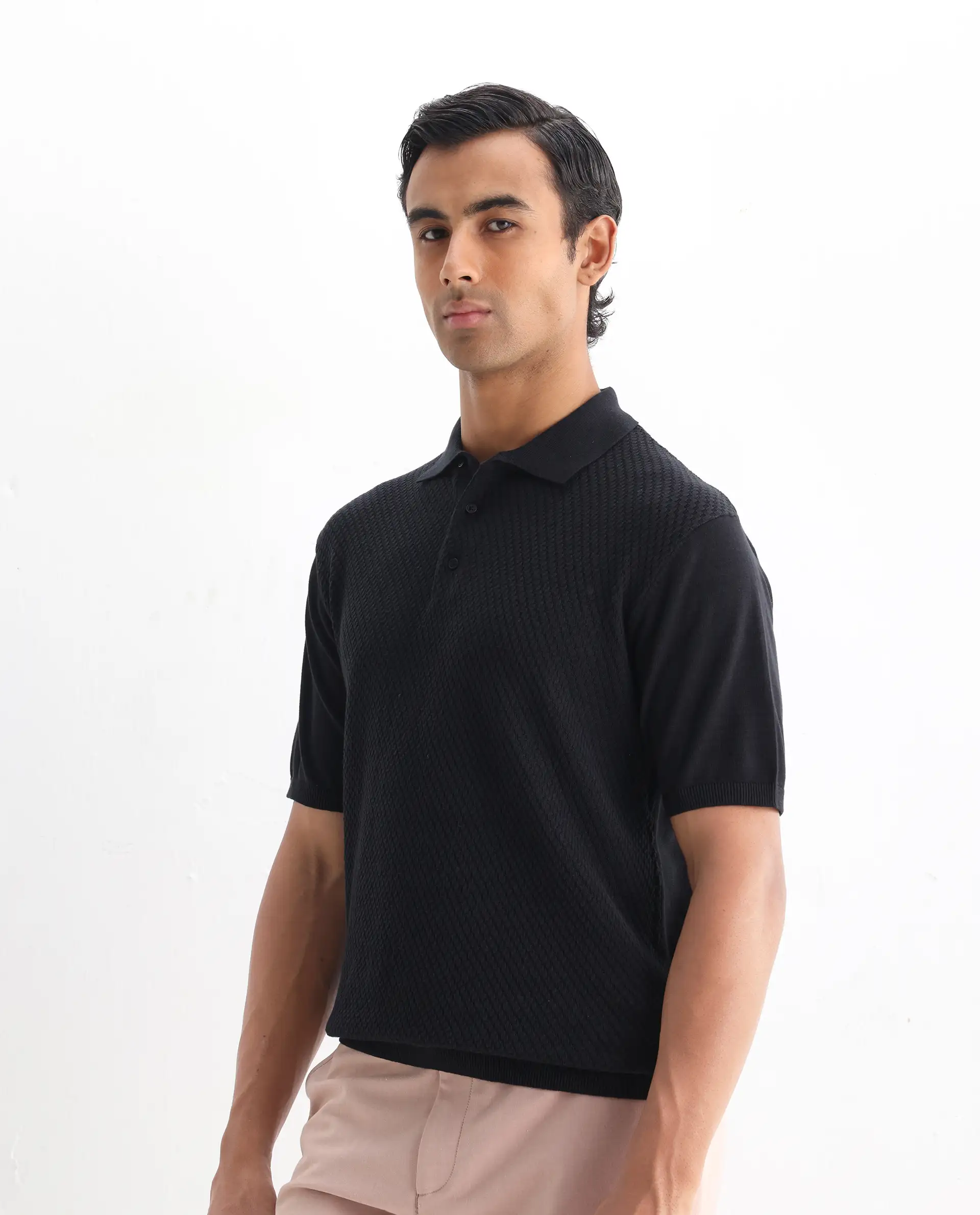Rare Rabbit Men's Xas Black Cotton Textured Regular Fit Half Sleeve Polo - Image 6