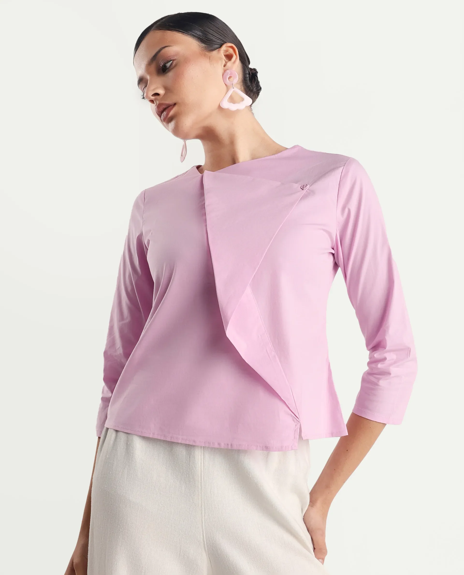 Rareism Women's Xew Light Pink Cotton Blend Asymmetric Neck Plain Regular Fit Top