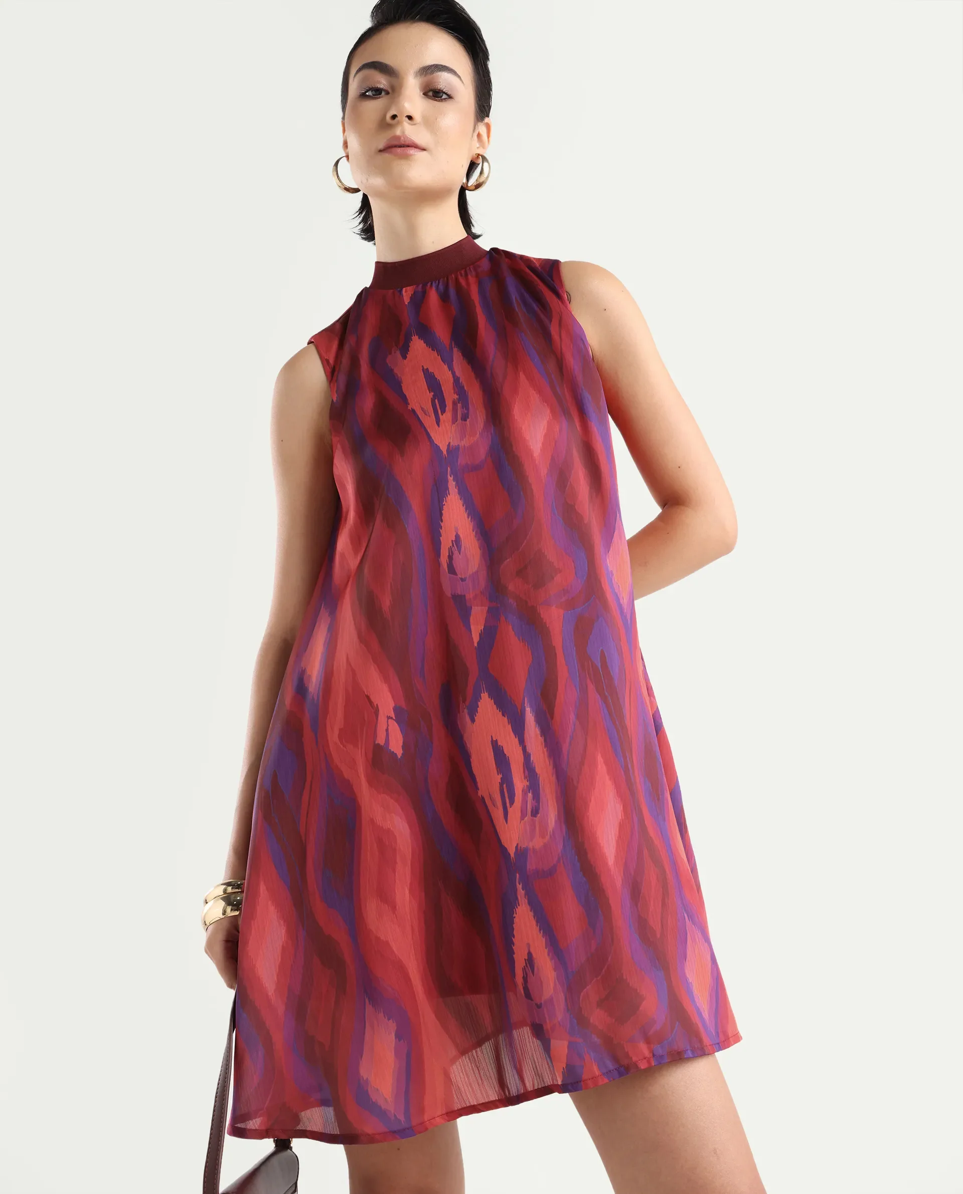 Rareism Women's Yaden Multi Satin Turtle Neck Abstract Print Sleeveless Knee Length Flared Dress