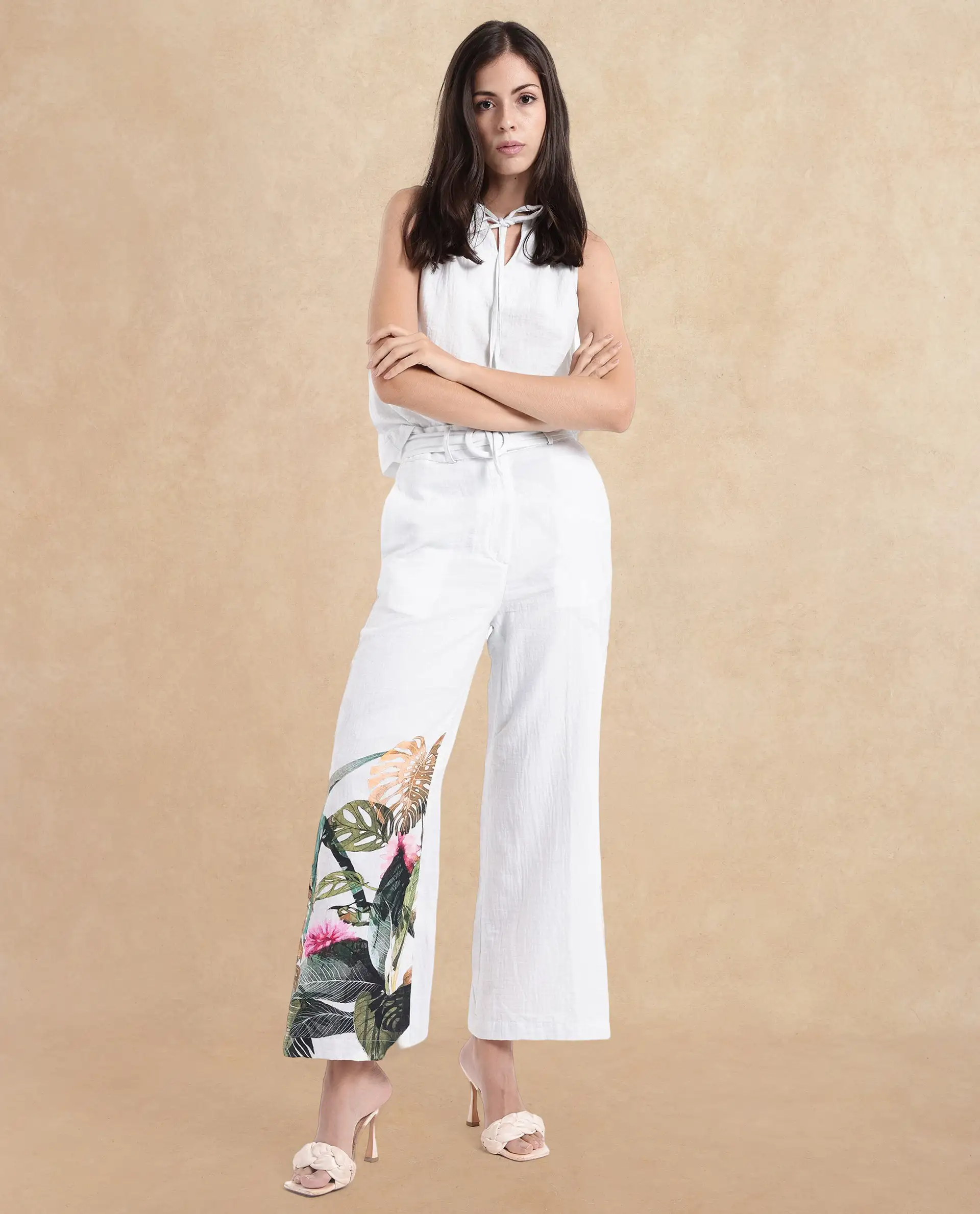 Rareism Women's Yarani Off White Cotton Blend Tropical Print Ankle Length Wide Trouser