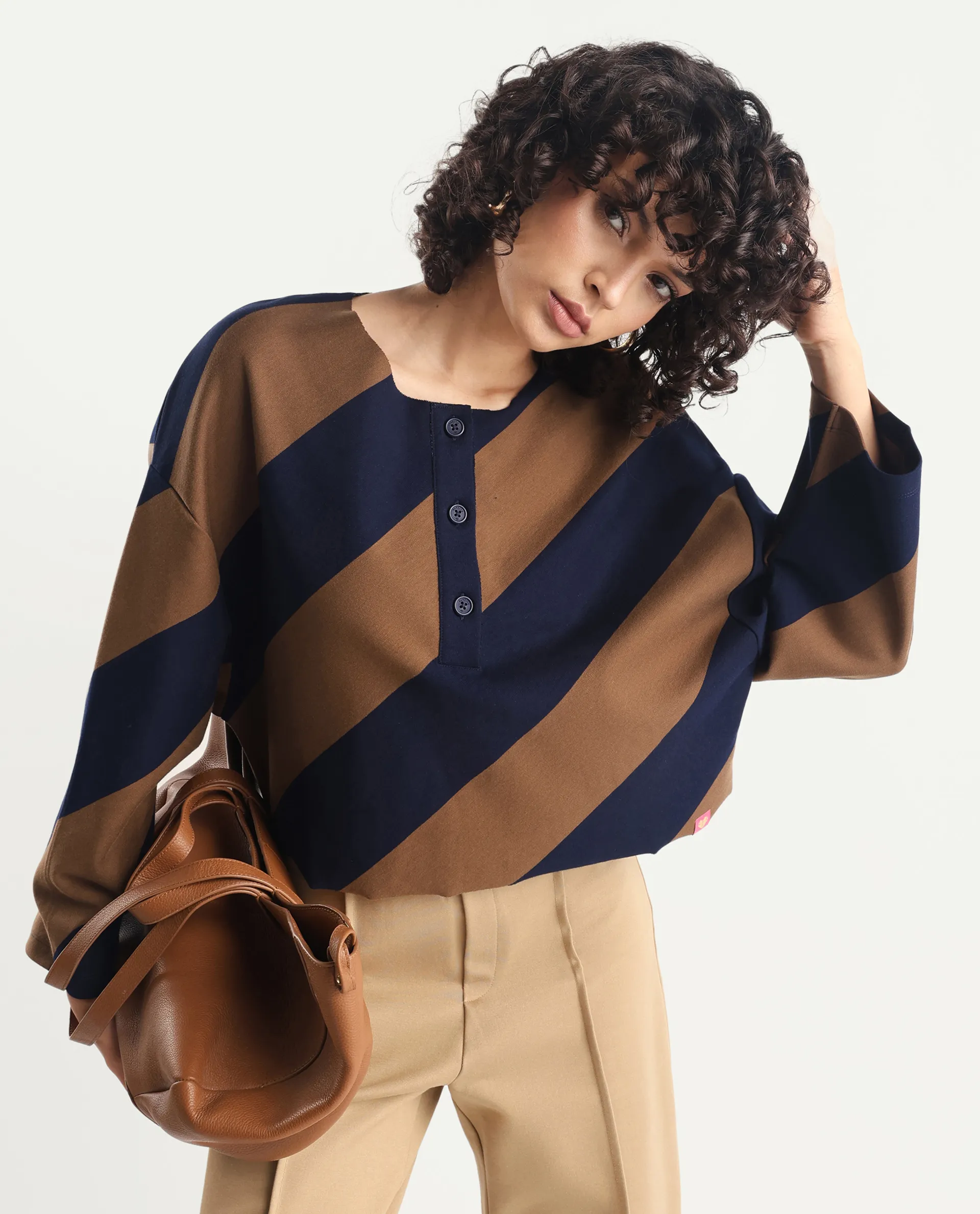 Rareism Women's Yarny Brown Polyester Blend Henley Neck Striped Relaxed Fit Top