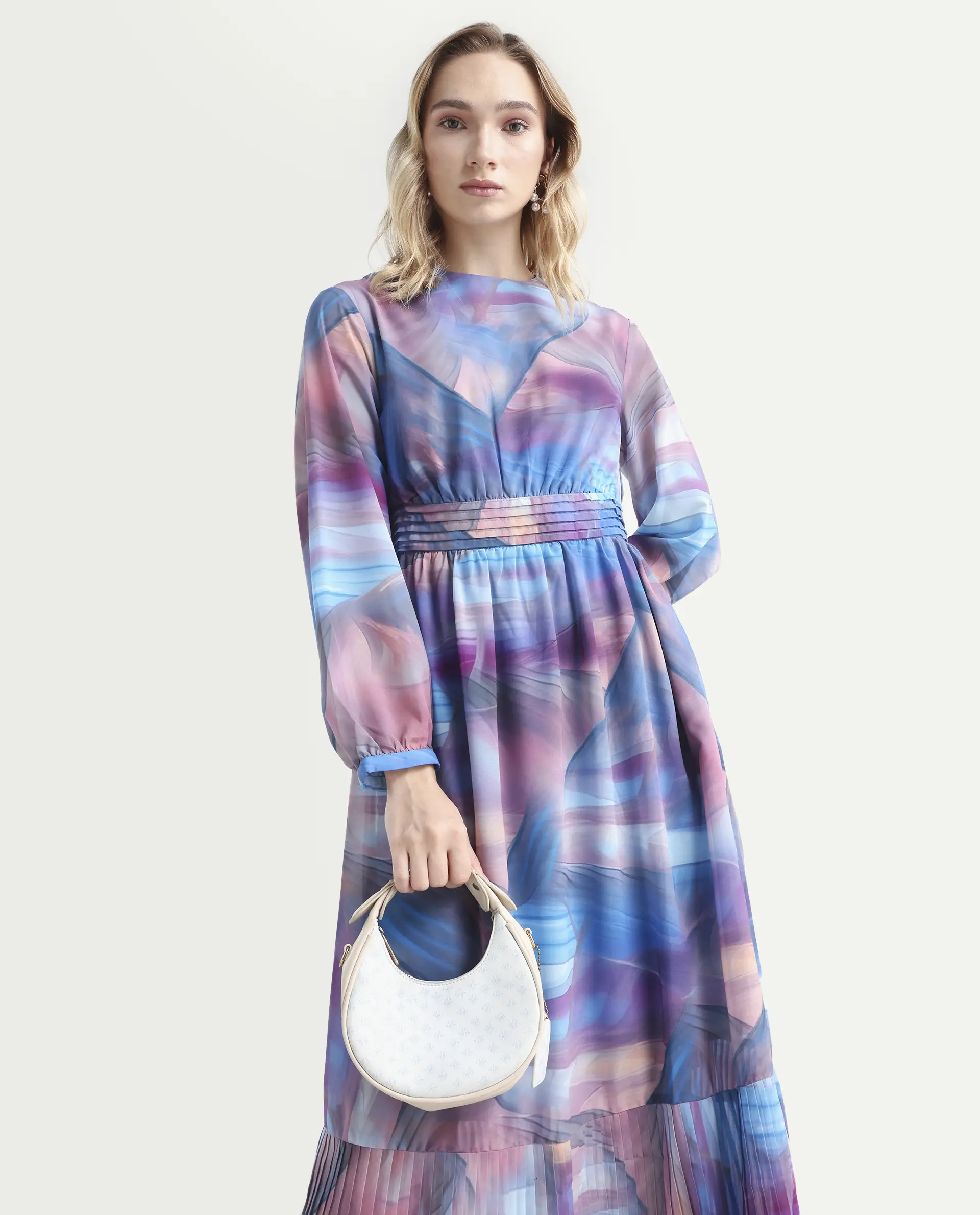 Rareism Women's Yason Multi Polyester Crew Neck Abstract Print Bishop Sleeve Maxi Fit And Flare Dress