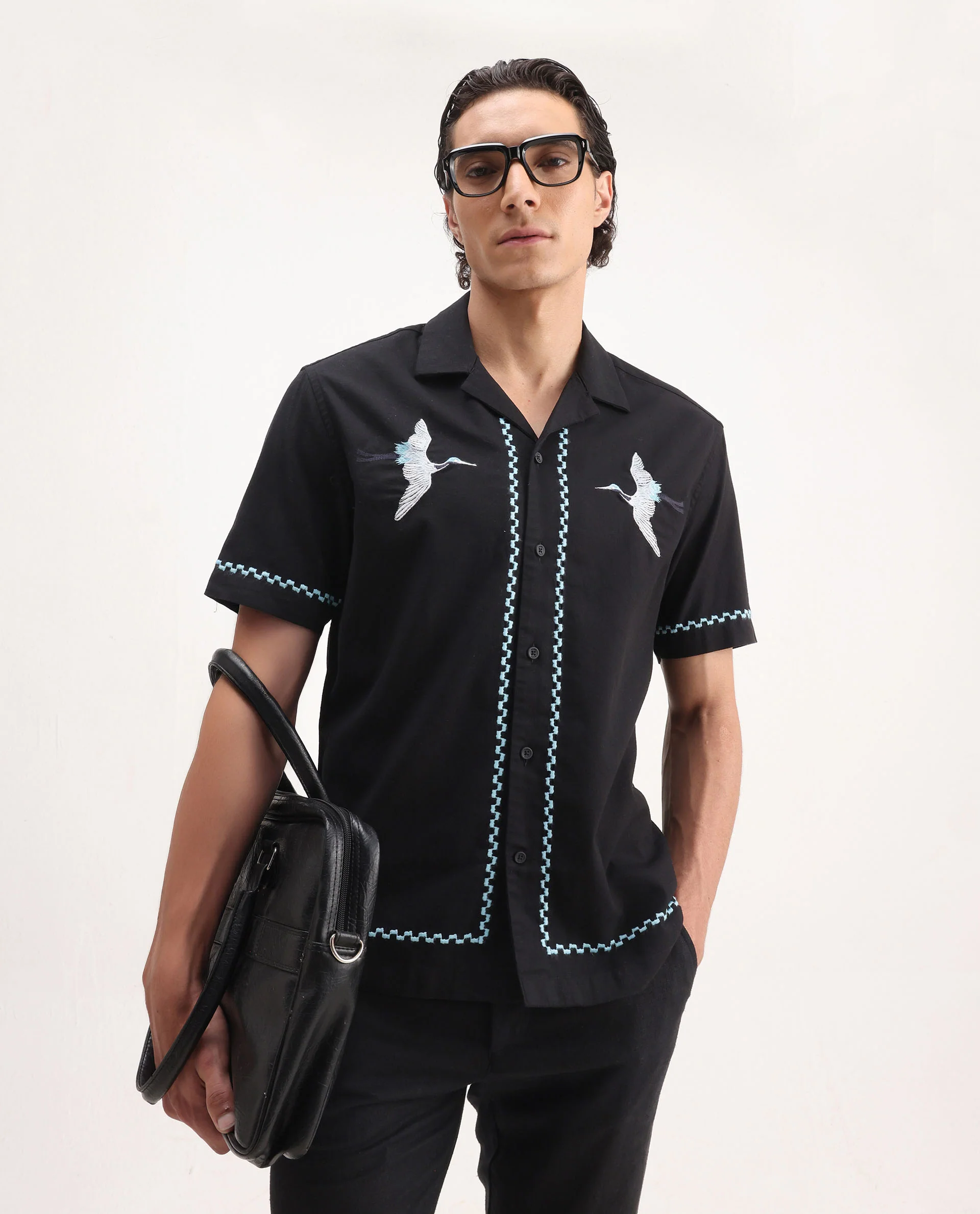Rare Rabbit Men's Yoko Black Cotton Embroidered Boxy Fit Half Sleeve Cuban Collar Shirt