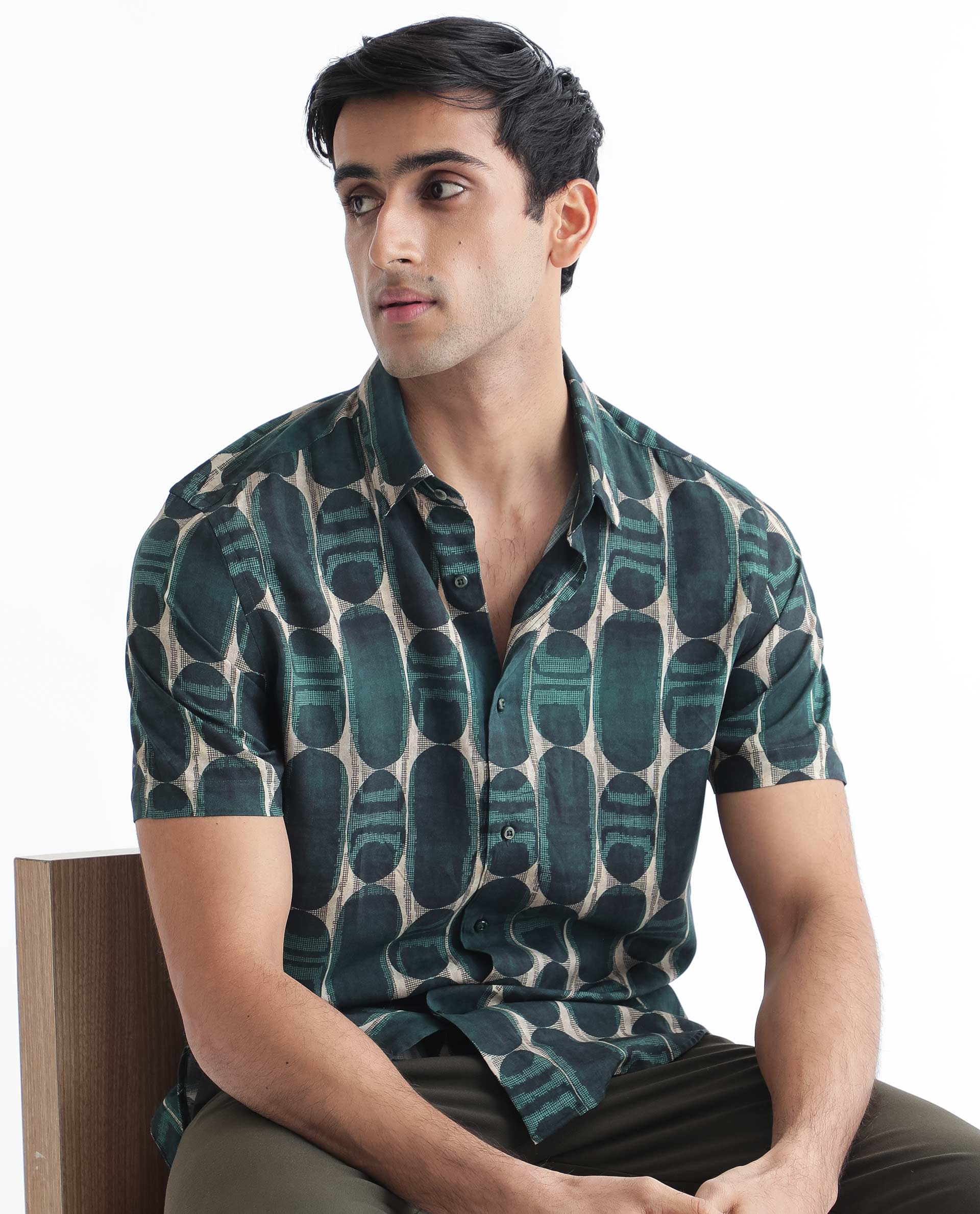 Rare Rabbit Men's York Dark Green Viscose Printed Regular Fit Half Sleeve Spread Collar Shirt