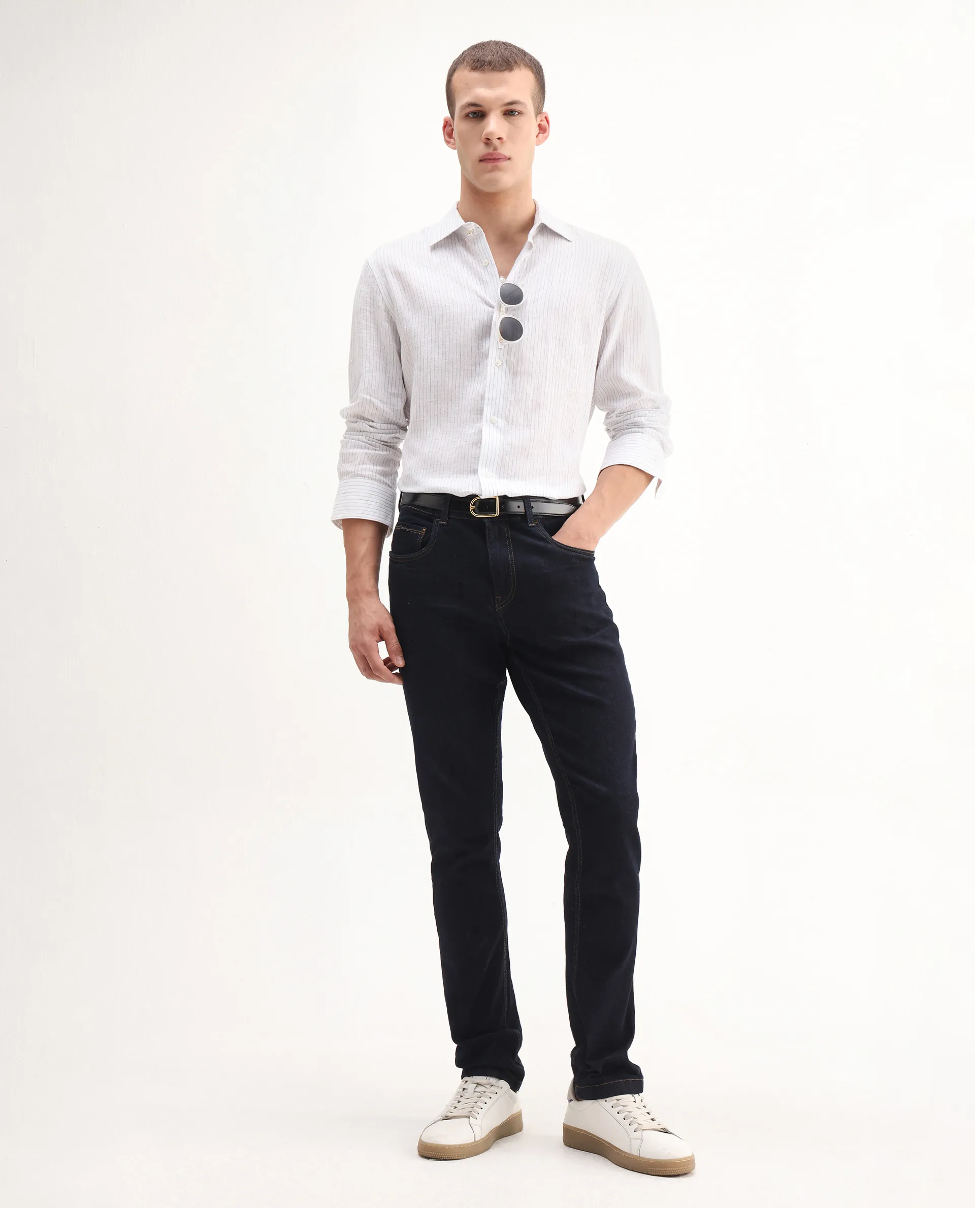 Rare Rabbit Men's Yukto Navy Cotton Plain Hawk Slim Fit Jeans