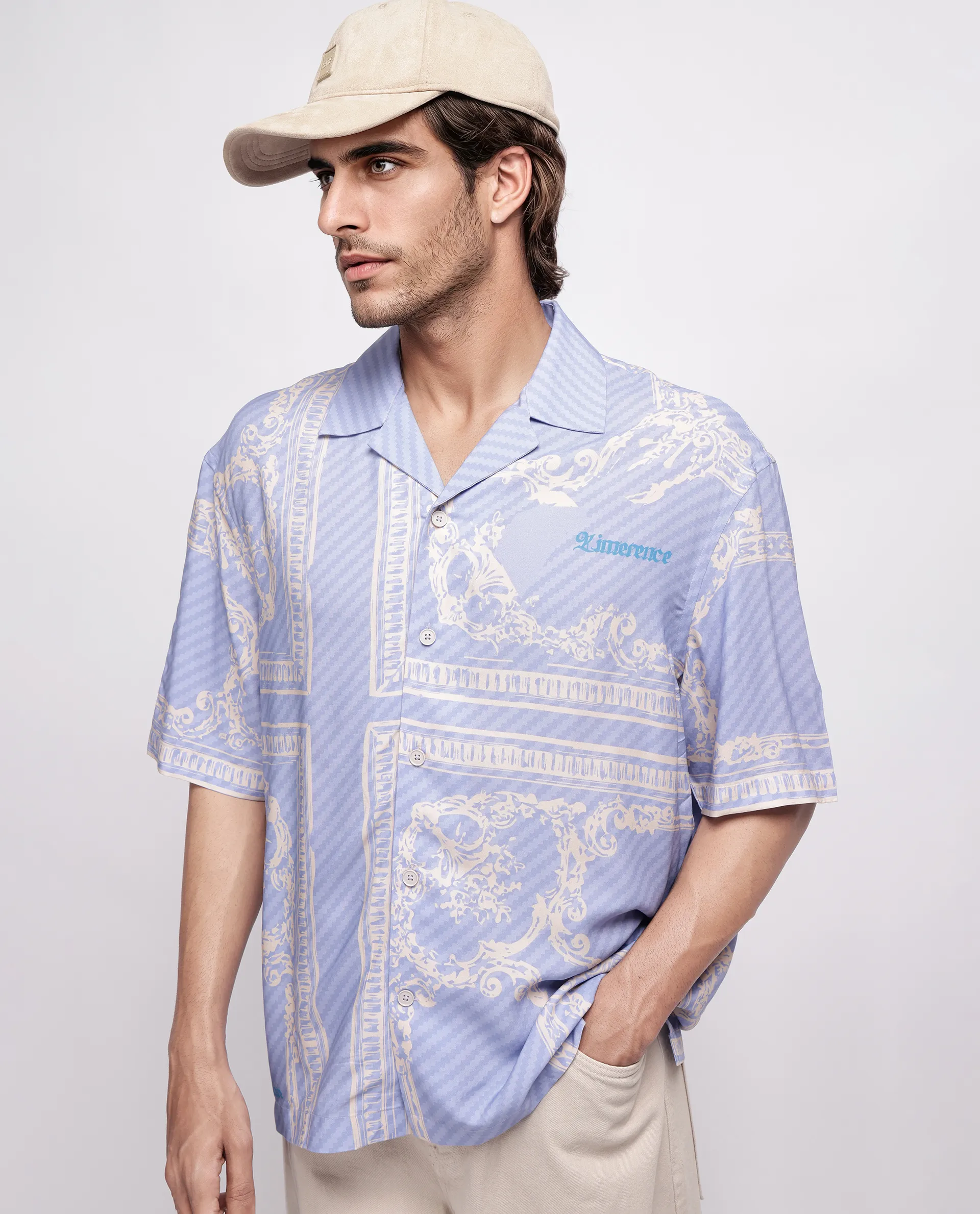 Rare Rabbit Men's Yuna Purple Viscose Placement Print Boxy Fit Half Sleeve Cuban Collar Shirt