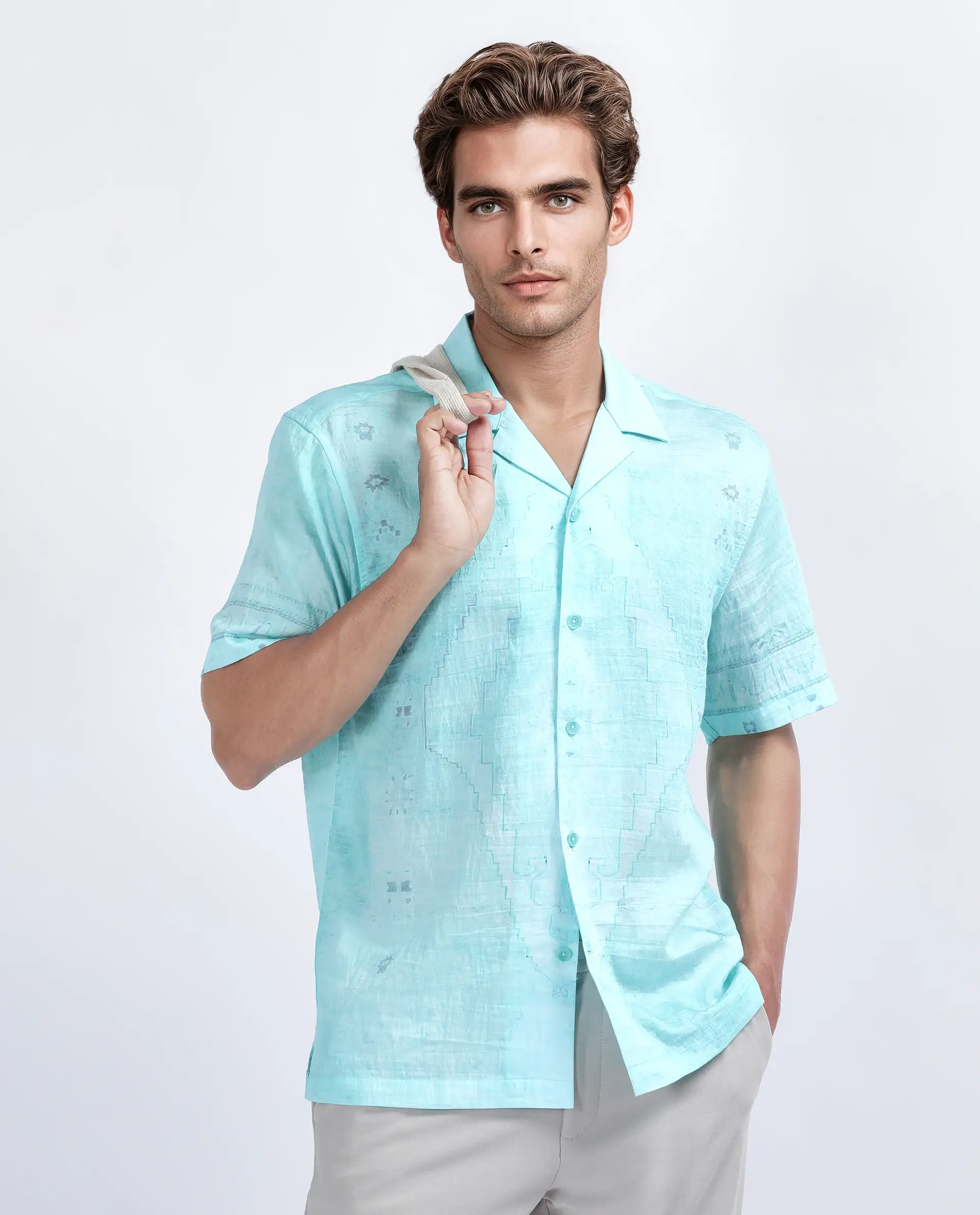 Rare Rabbit Men's Yusi Blue Viscose Blend Boxy Fit Half Sleeve Cuban Collar Shirt