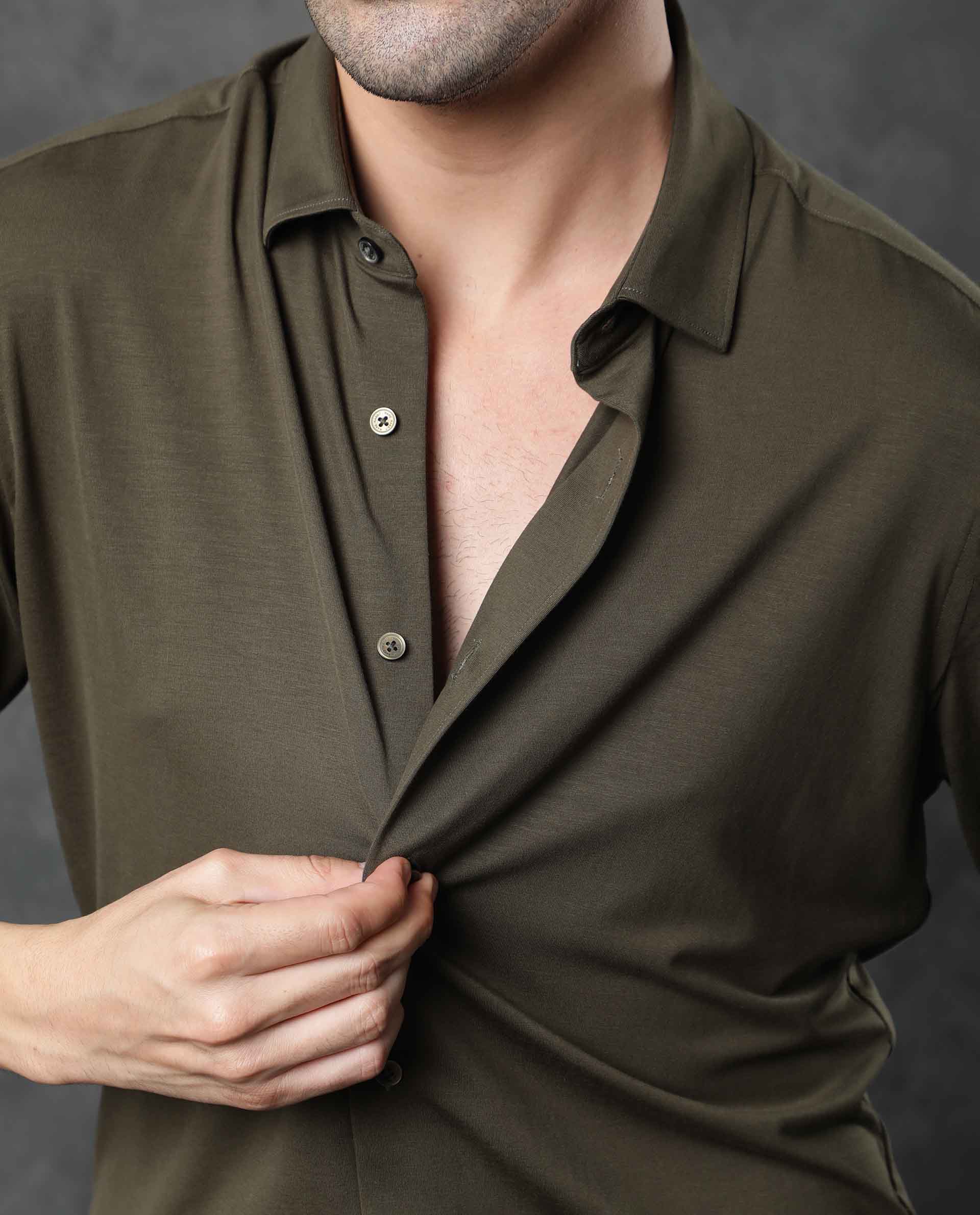 Rare Rabbit Men's Zac Olive Rayon Plain Tailored Fit Full Sleeve Collared Shirt - Image 4