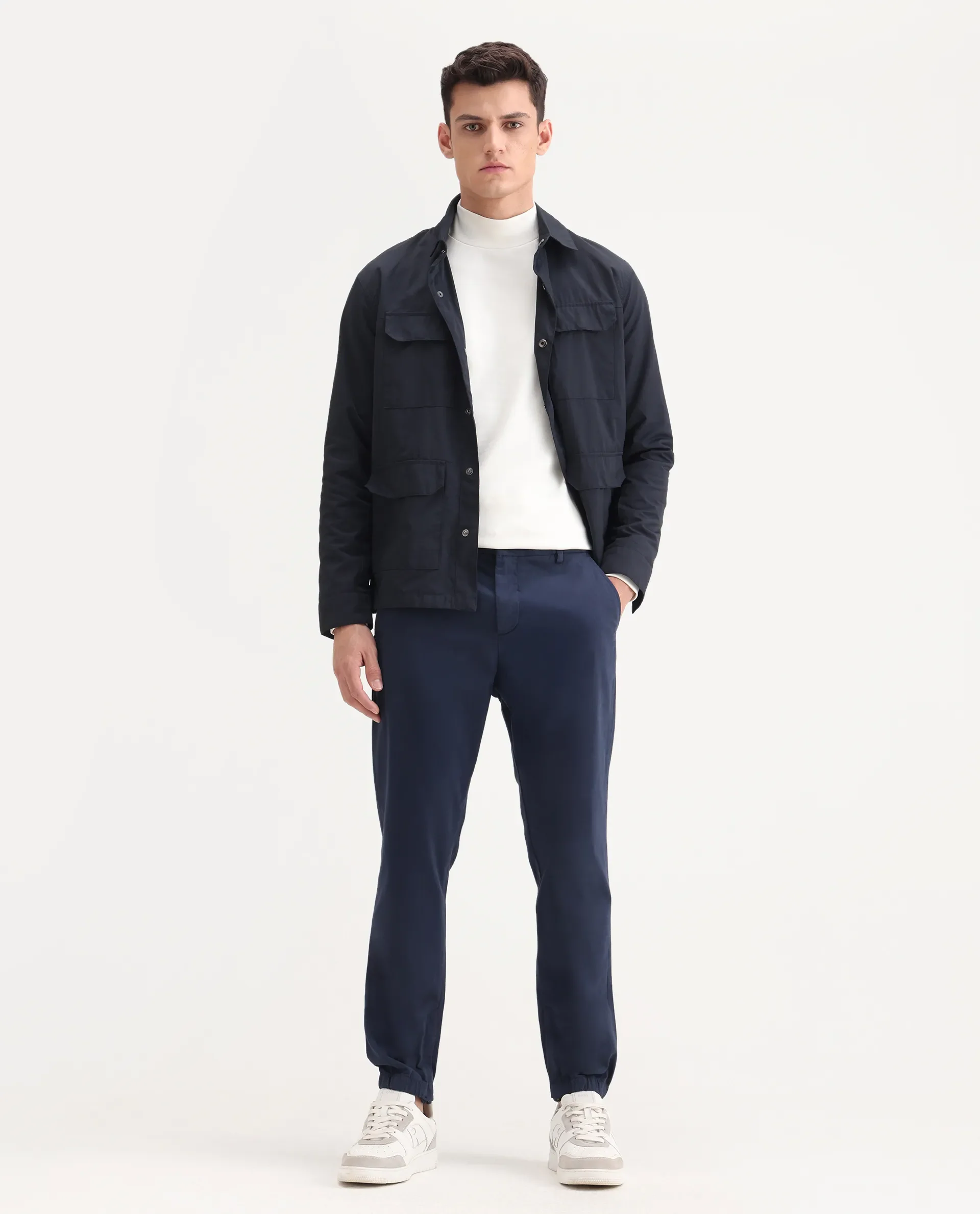 Rare Rabbit Men's Zade Navy Cotton Blend Plain Regular Fit Trouser