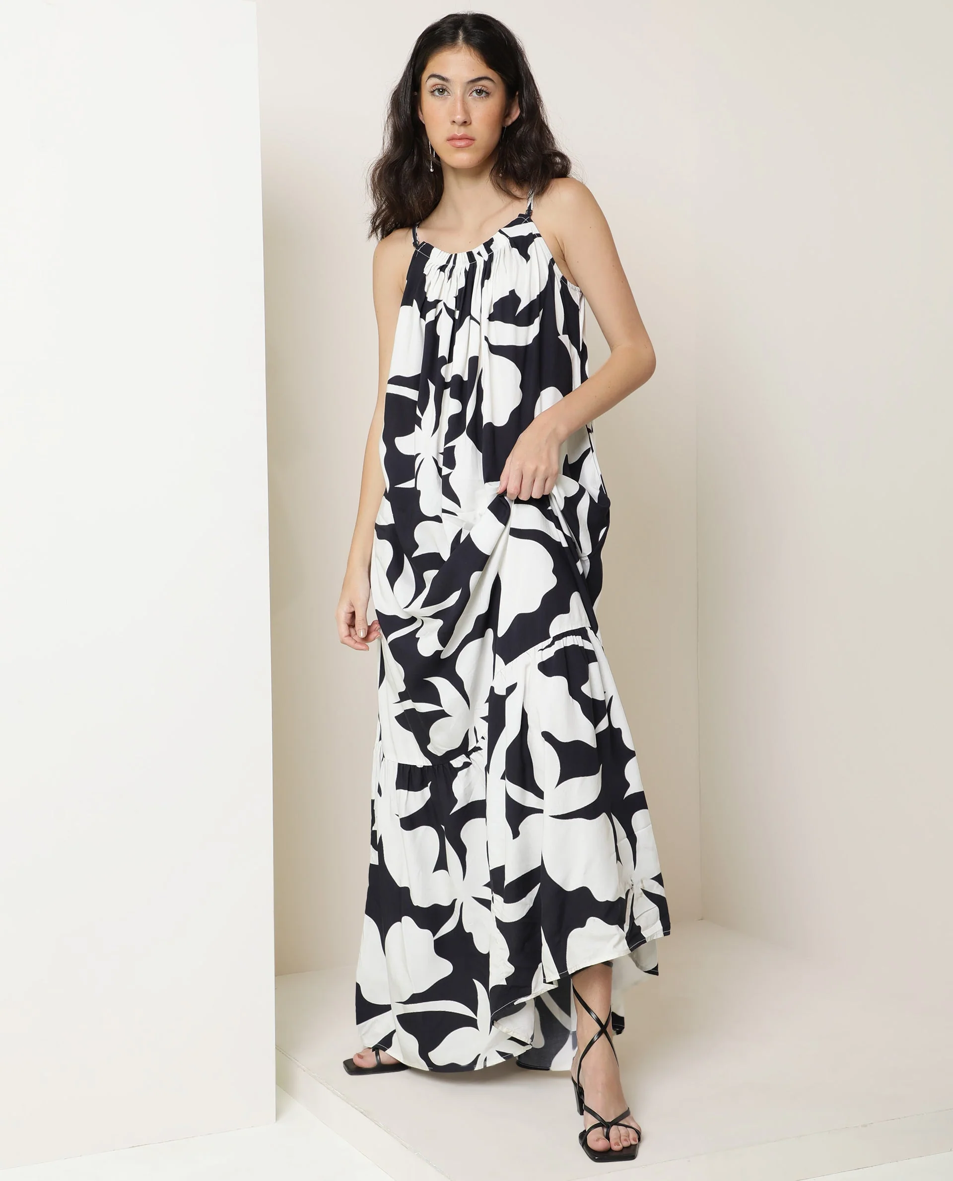 Rareism Women's Zahara Black Viscose Shoulder Strap Floral Print Shoulder Strap Knee Length Regular Fit Dress