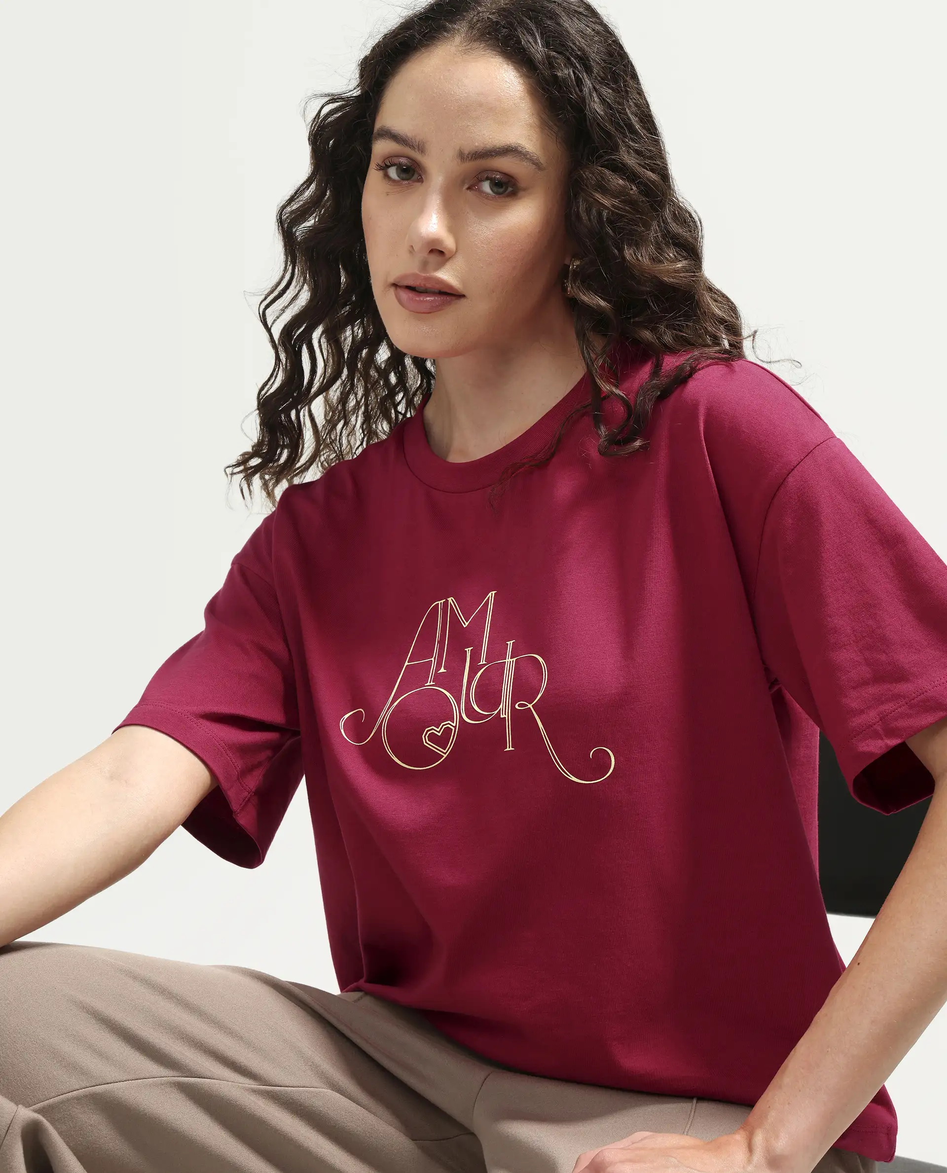 Rareism Women's Zamor Dark Pink Cotton Crew Neck Pull-On Boxy Typography Print T-Shirt