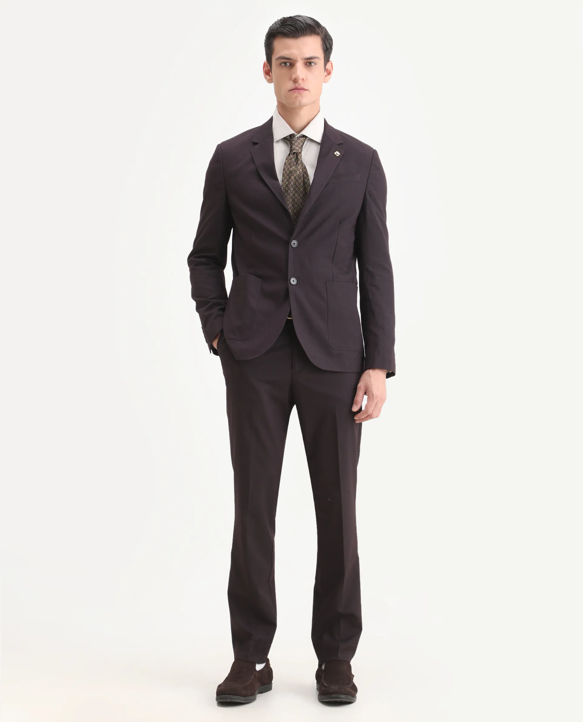 Rare Rabbit Men's Zanza Maroon Polyester Plain Tailored Fit Full Sleeve Lapel Neck Suits
