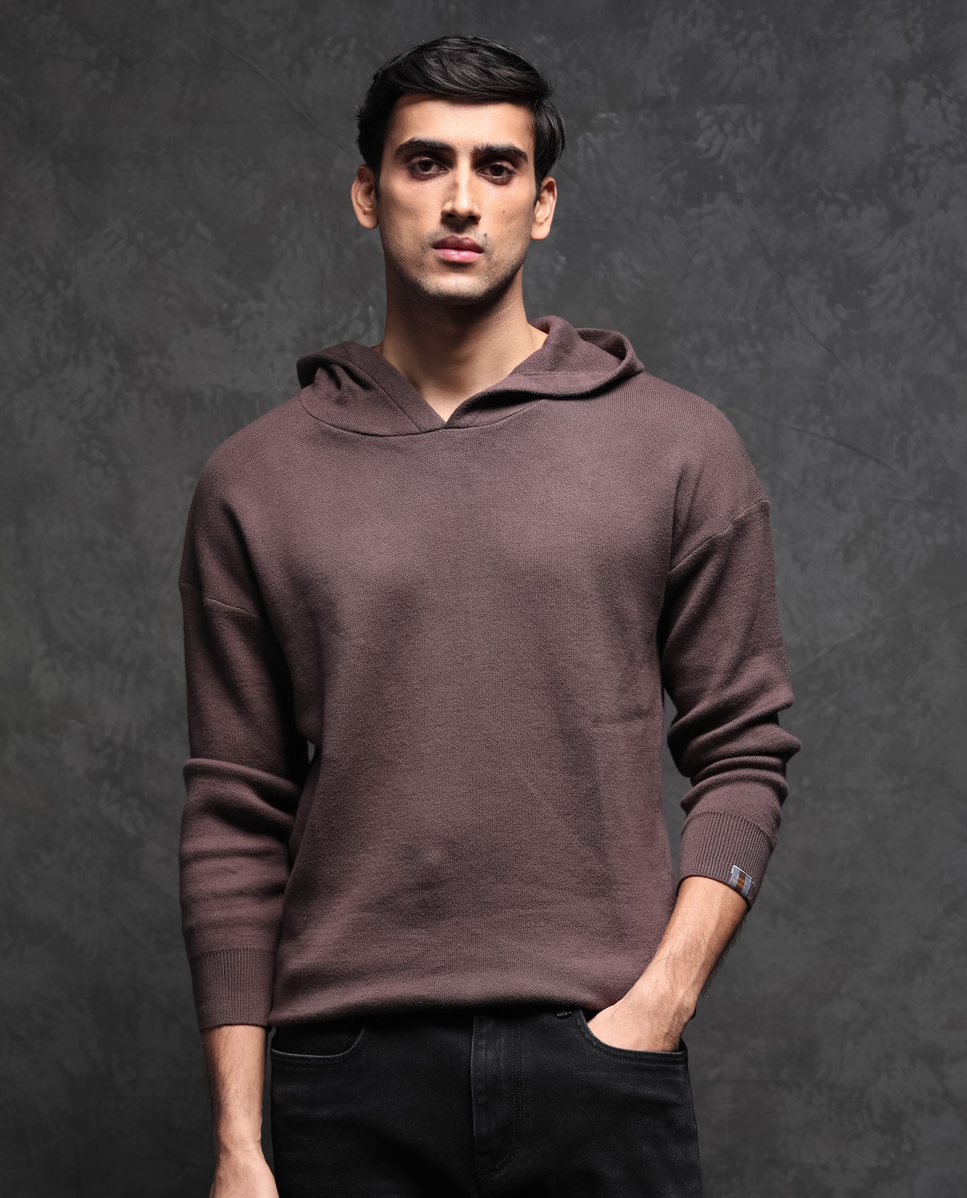 Rare Rabbit Men's Zarr Brown Cotton Plain Regular Fit Full Sleeve Hooded Sweater