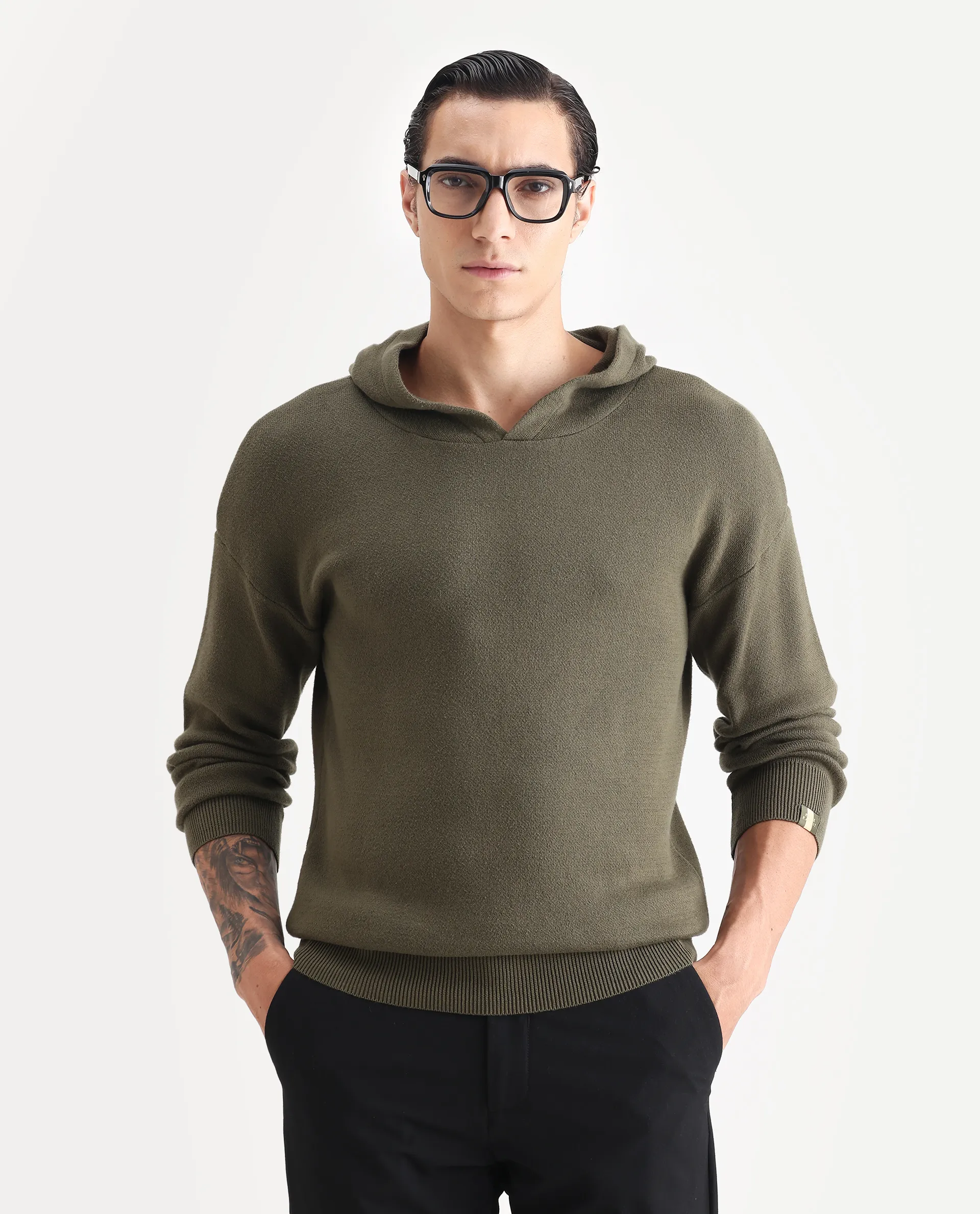 Rare Rabbit Men's Zarr Olive Cotton Plain Regular Fit Full Sleeve Hooded Sweater