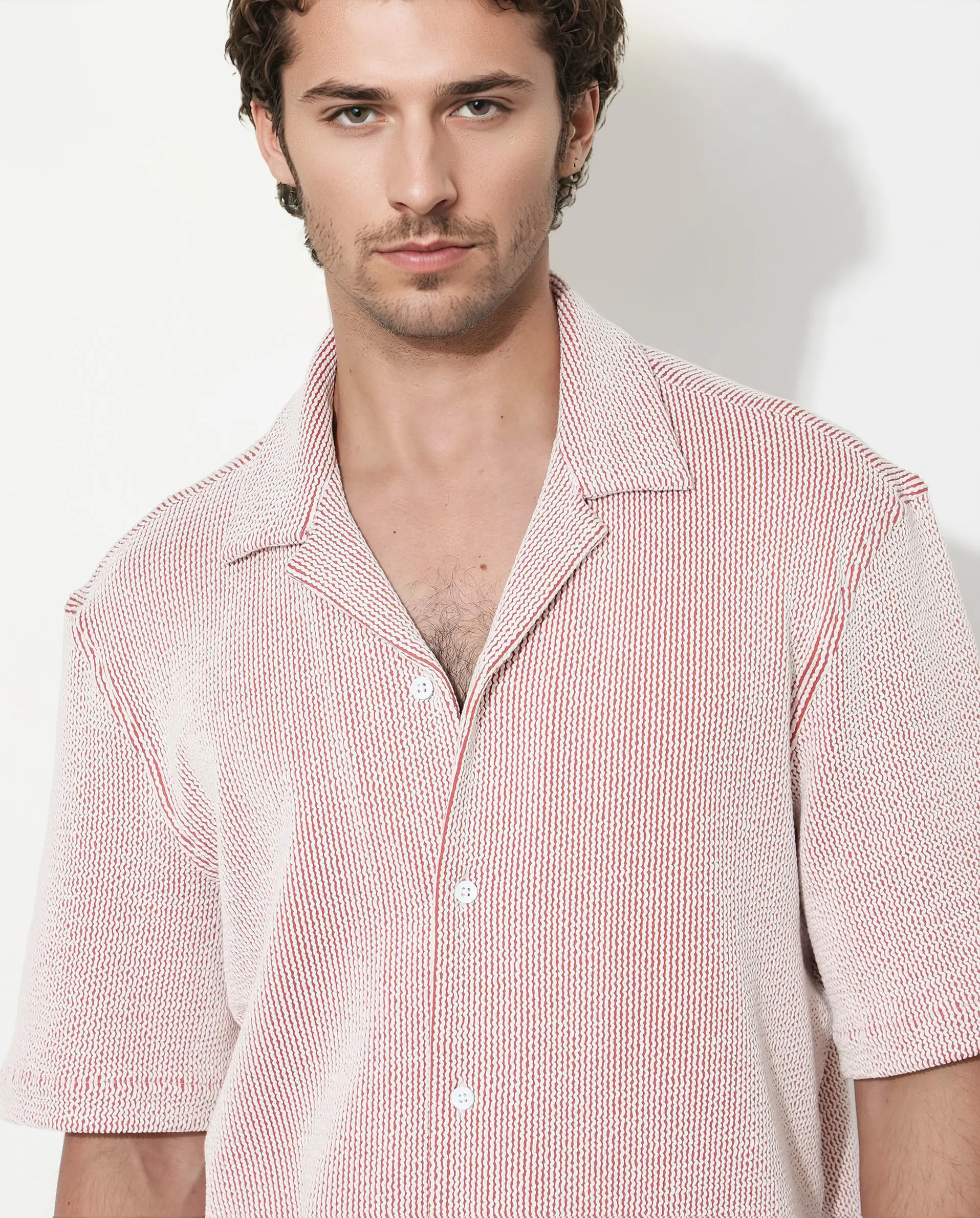 Rare Rabbit Men's Zavet-S Rust Cotton Striped Print Boxy Fit Half Sleeve Cuban Collar Shirt