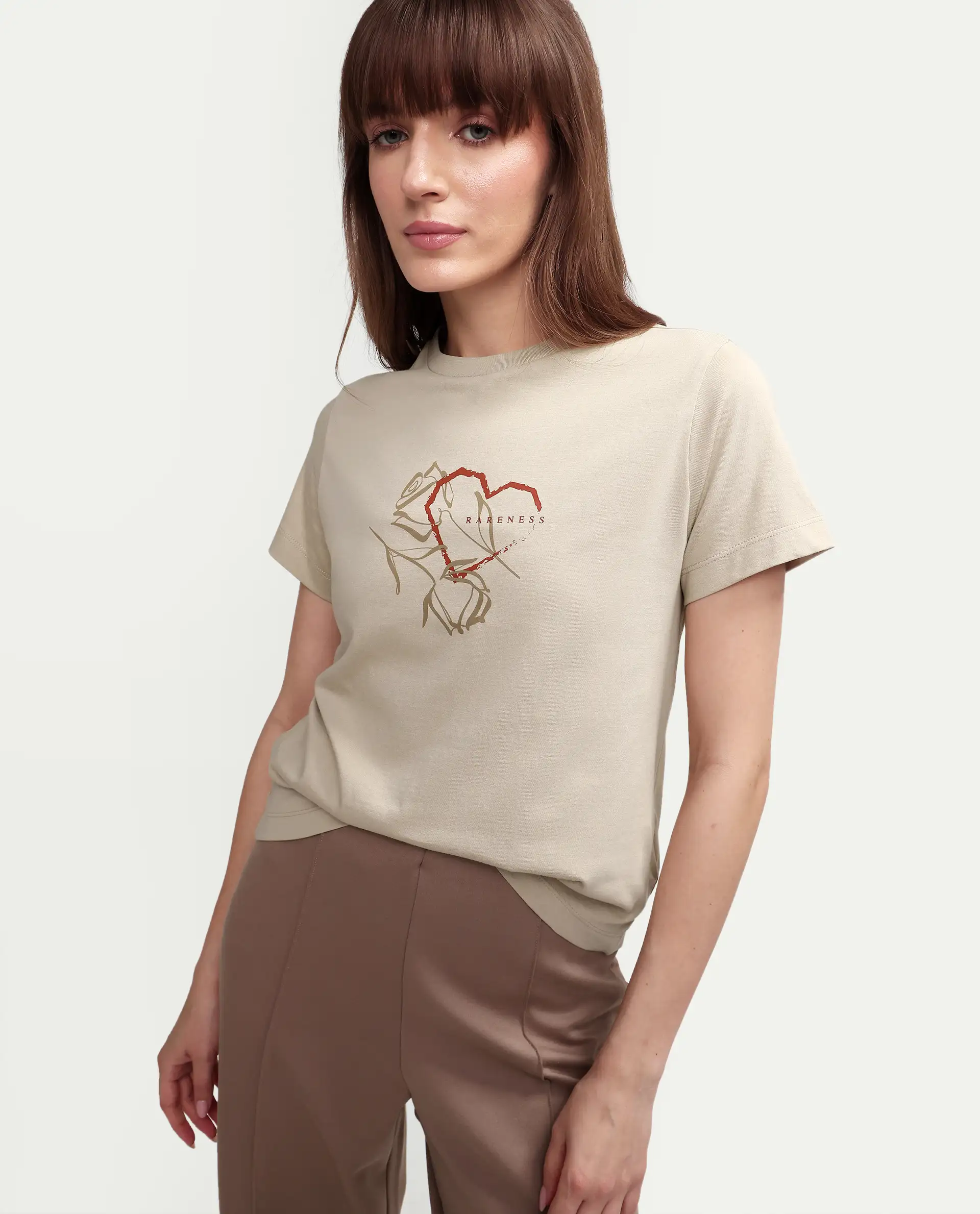 Rareism Women's Zavis Beige Cotton Half Sleeve Regular Fit Plain T-Shirt