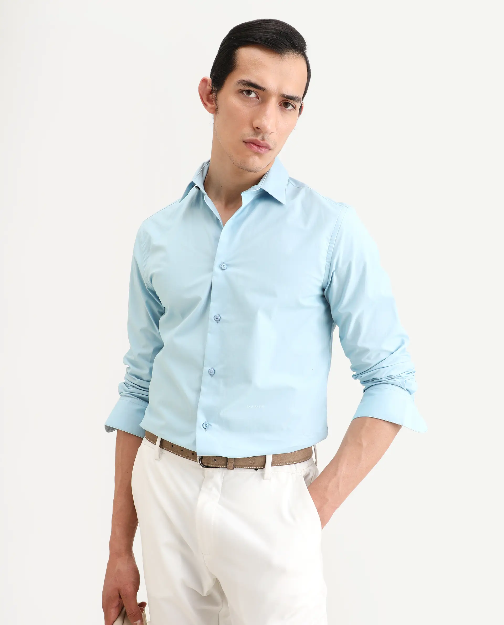 Rare Rabbit Men's Zazzle Light Blue Cotton Fabric Full Sleeve Spread Collar Regular Fit Plain Shirt