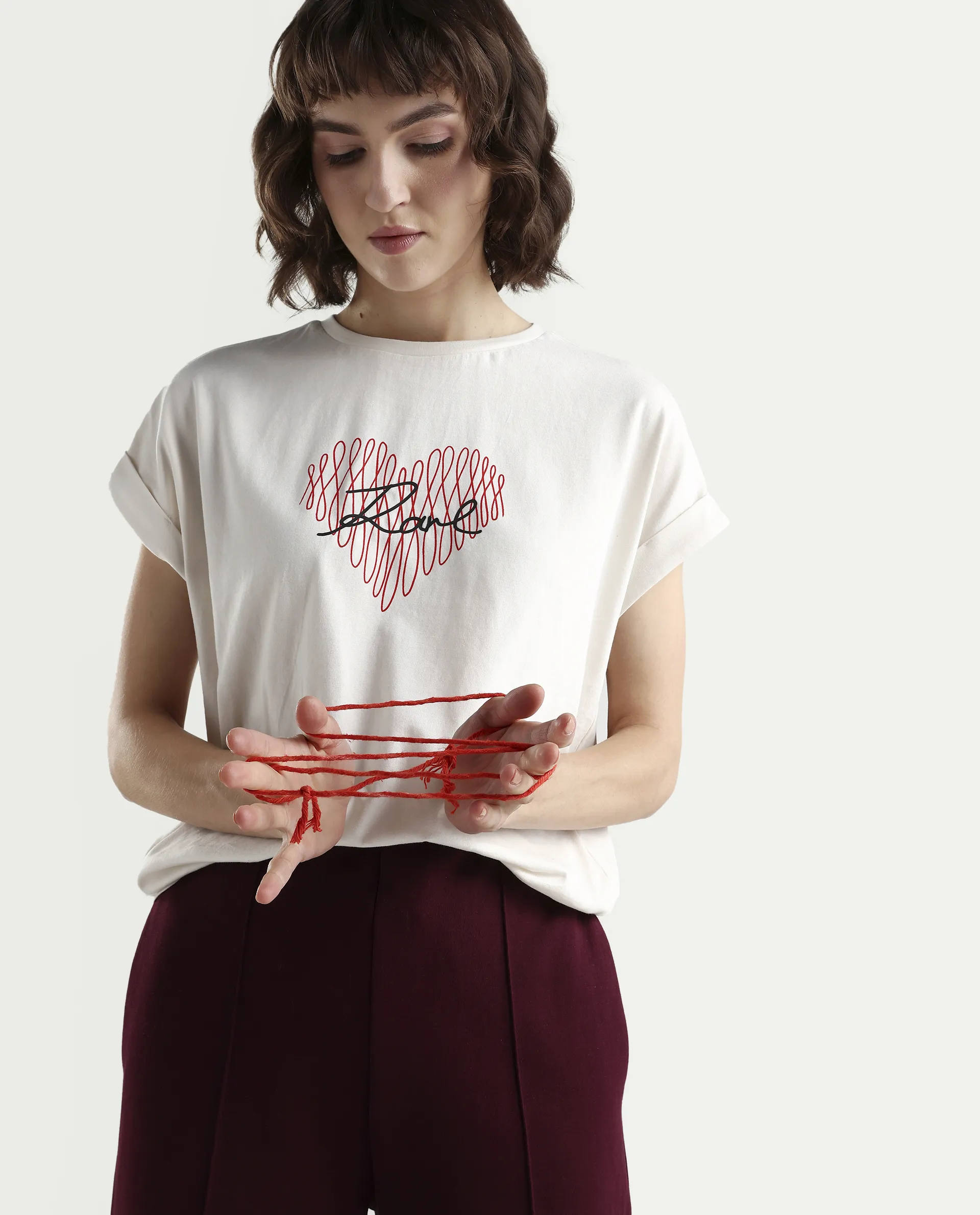Rareism Women's Zeen Off White Cotton Half Sleeve Relaxed Fit Object Print T-Shirt