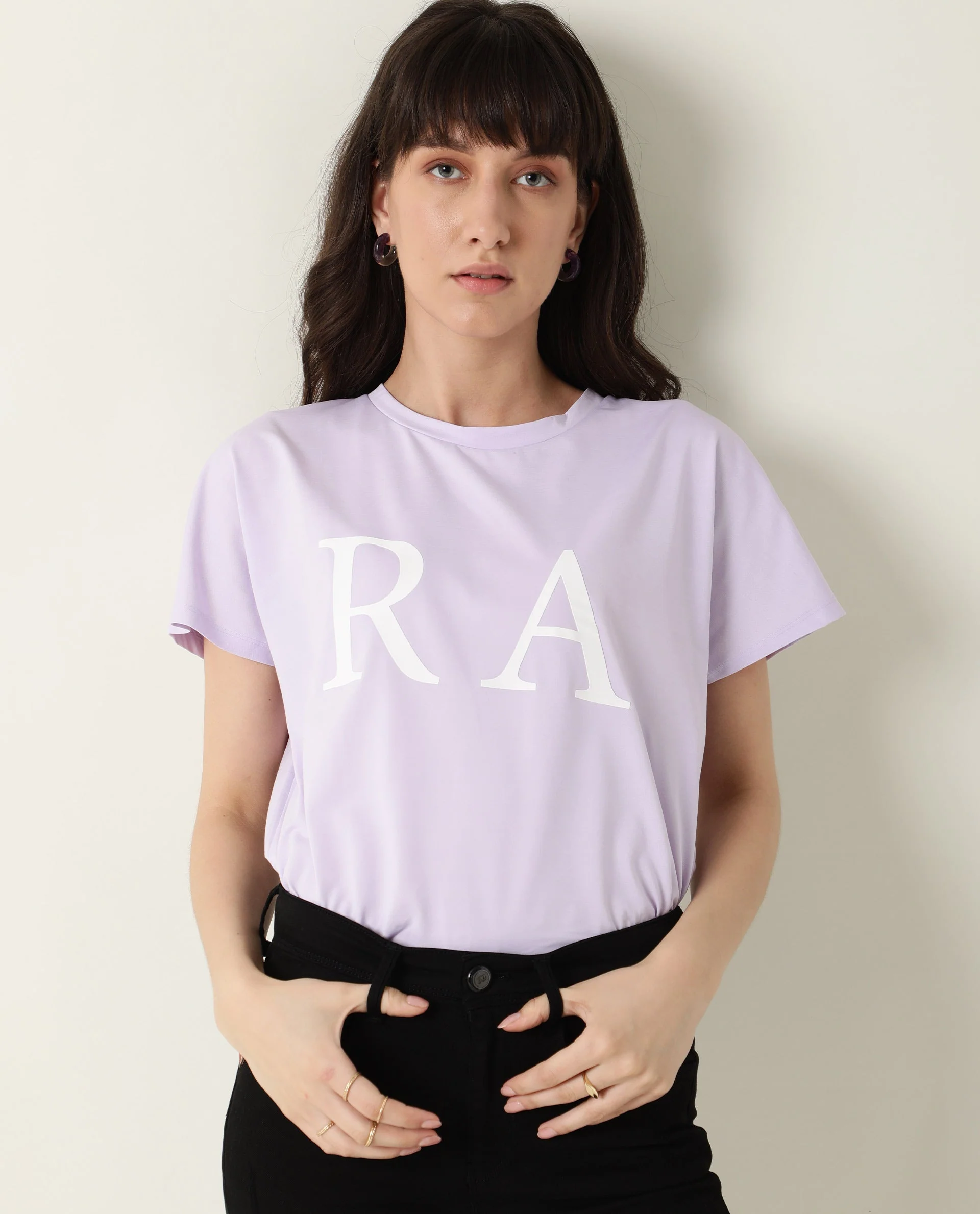 Rareism Women's Zeg Purple Cotton Crew Neck Graphic Print Regular Fit T-Shirt