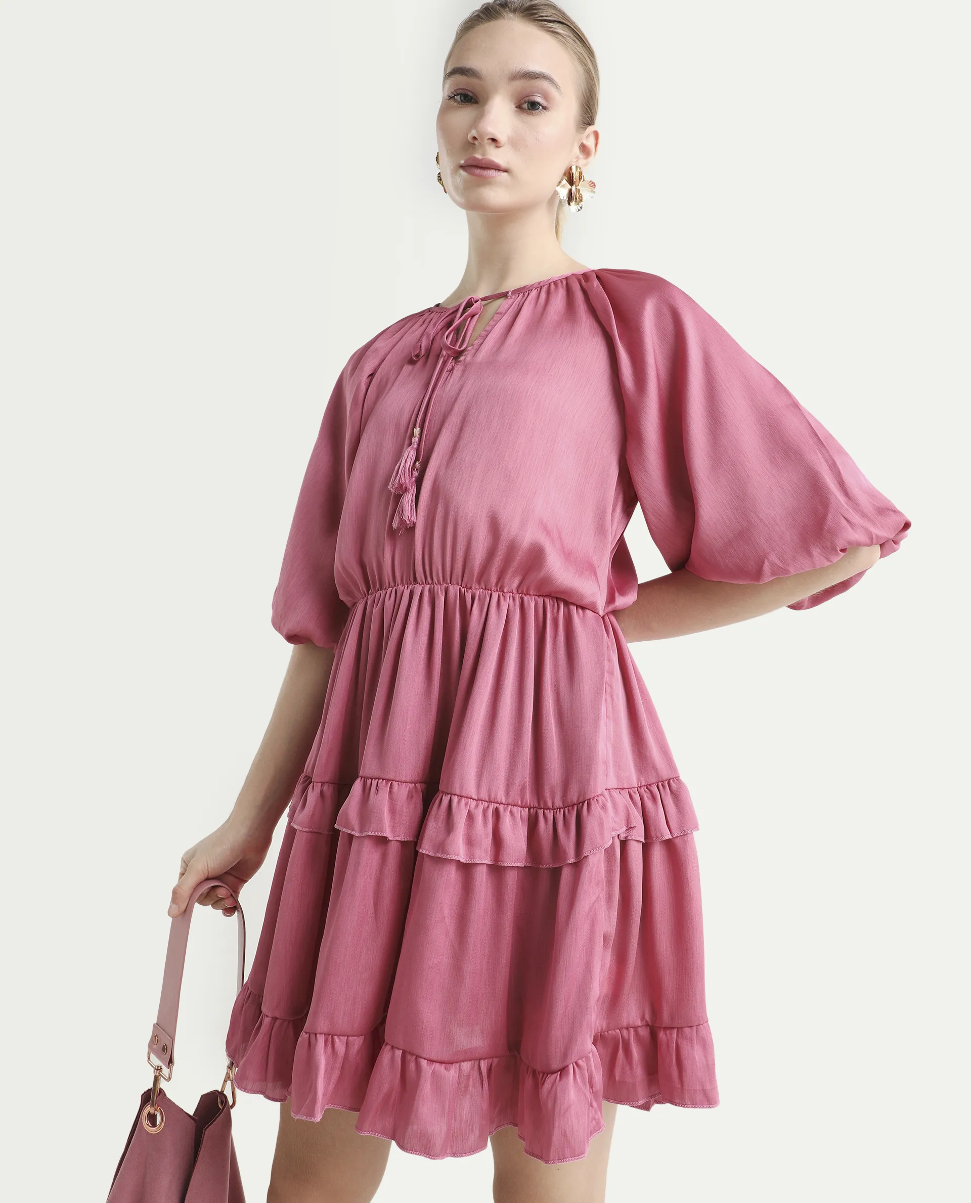 Rareism Women's Zeke Pink Polyester Tie-Up Neck Plain Raglan Sleeve Mini Regular Fit Dress