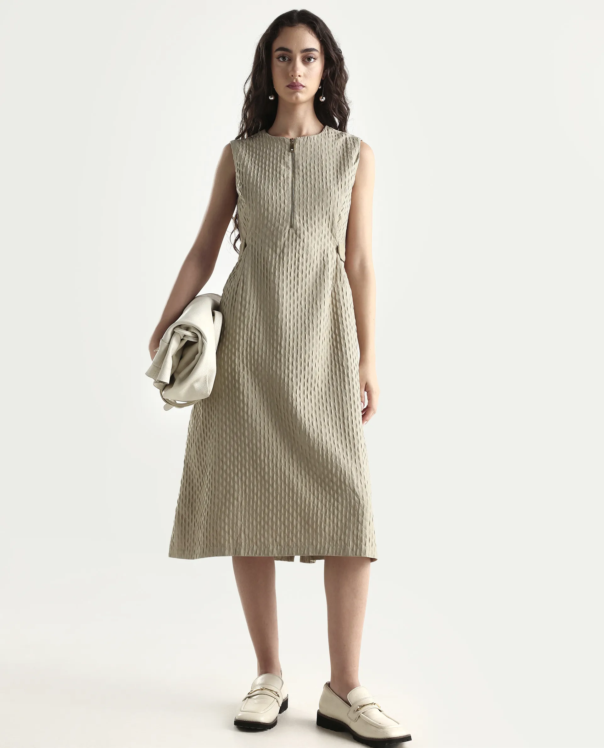 Rareism Women's Zelina Beige Polyester Round Neck Plain Sleeveless Knee Length A-Line Dress
