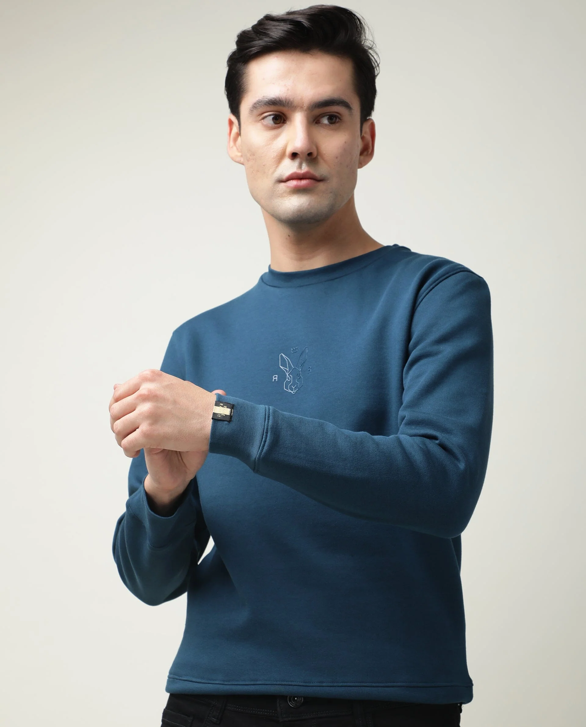 Rare Rabbit Men's Zen Petrol Plain Regular Fit Full Sleeve Crew Neck Sweatshirt