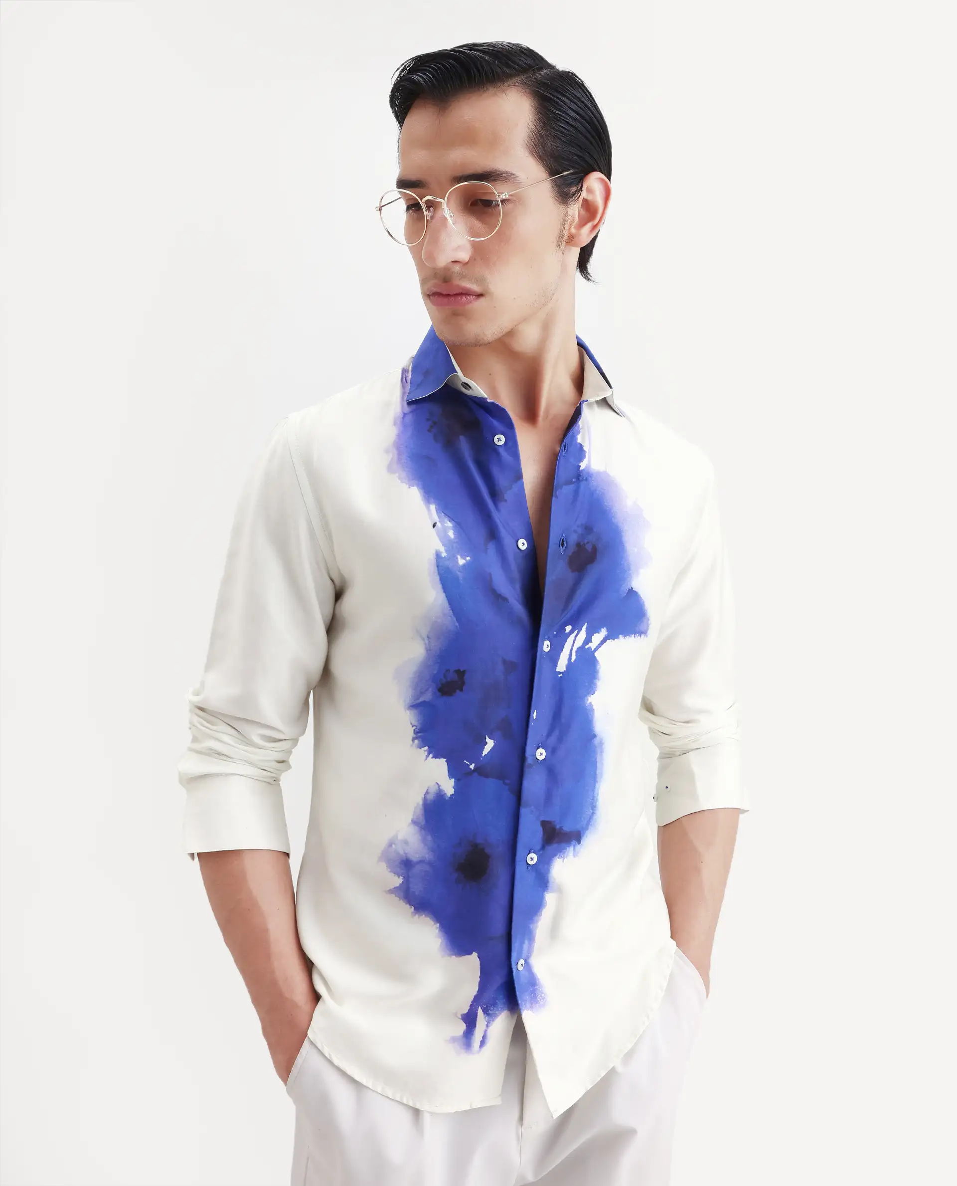 Rare Rabbit Men's Zeno Off White Cotton Blend Floral Print Regular Fit Full Sleeve Collared Shirt