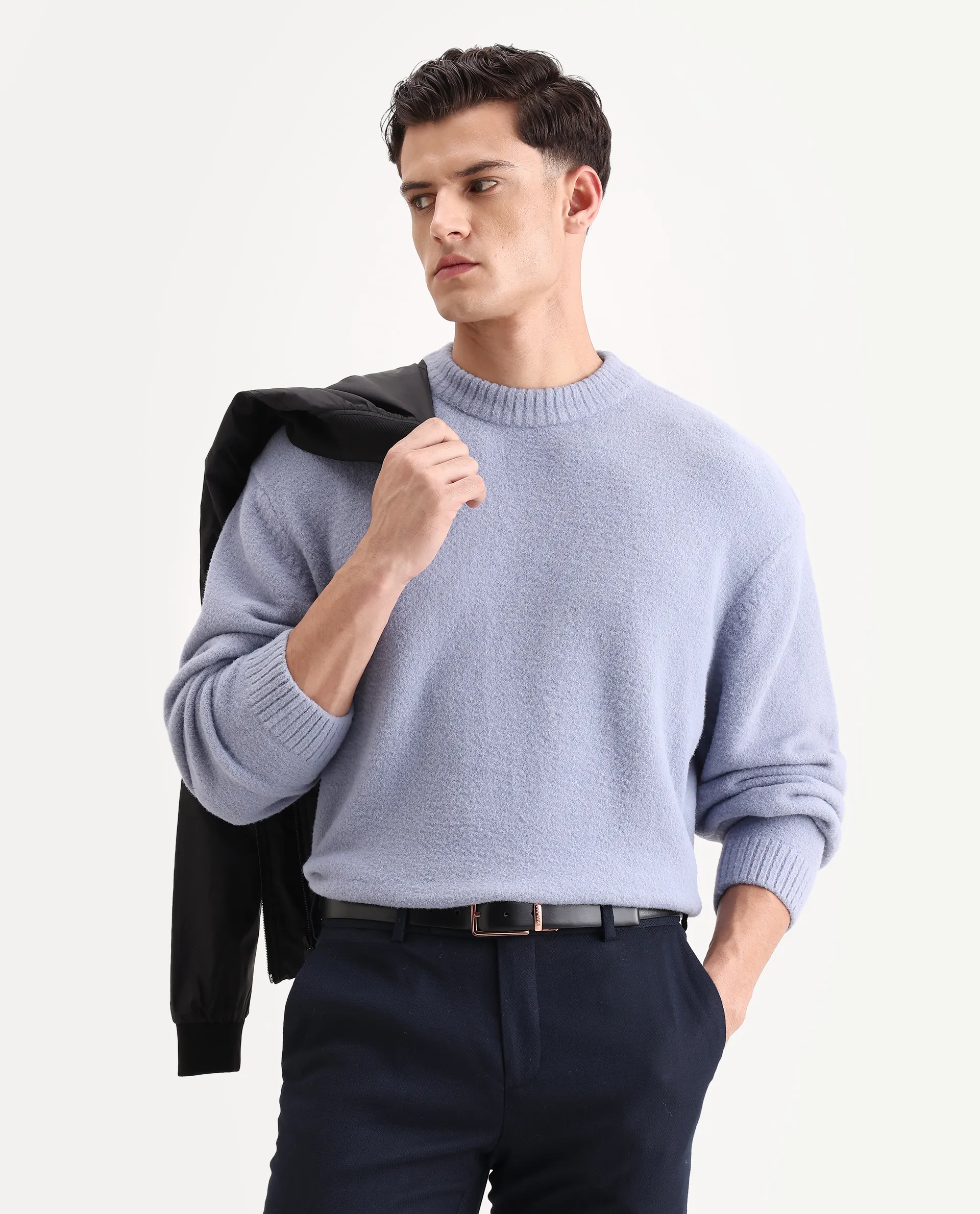 Rare Rabbit Men's Zeo 1 Light Grey Nylon Plain Regular Fit Full Sleeve Crew Neck Sweater