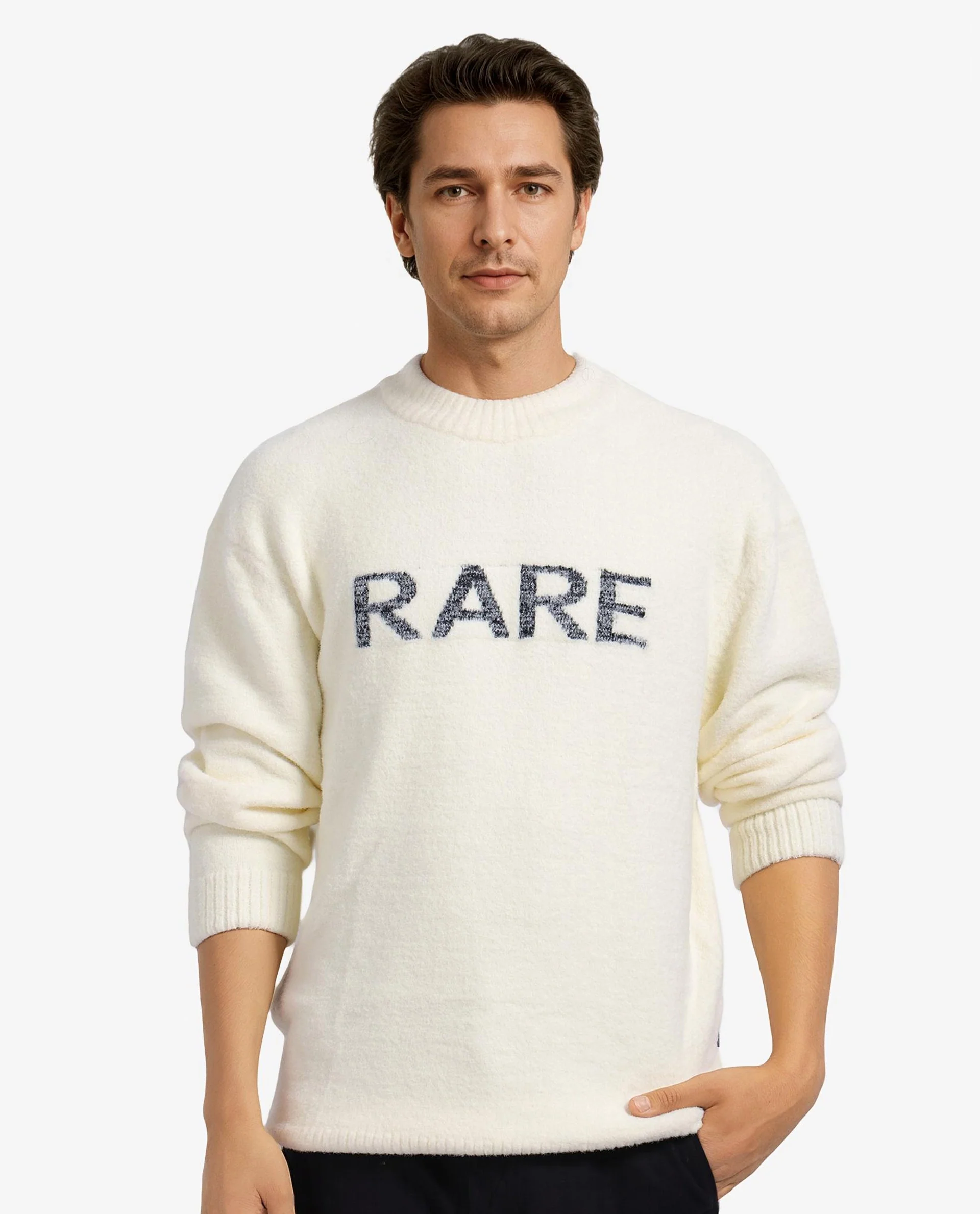 Rare Rabbit Men's Zeo Off White Cotton Printed Regular Fit Full Sleeve Crew Neck Sweater